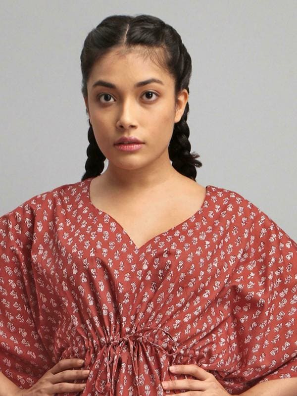 Rajput Red Cotton Satin Kaftan Ethnic Loungewear Coord Set JioMart