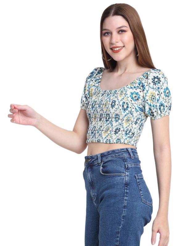FABHUMAN Women Blue Printed Crepe Short Sleeve Crop Top JioMart