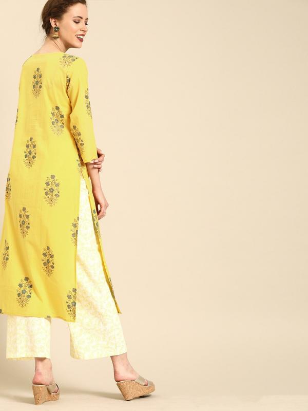 KSUT(House of Varanga) Women Mustard Yellow & White Screen Technique Printed Kurta with Palazzos