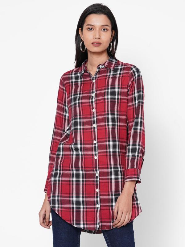 109F Women Red Checkered Pure Cotton Shirt JioMart
