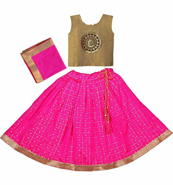 HARI CHARAN ENTERPRISE _ D9Kids Girls Pink Checkered Cotton Lehenga, Choli and Dupatta Set JioMart