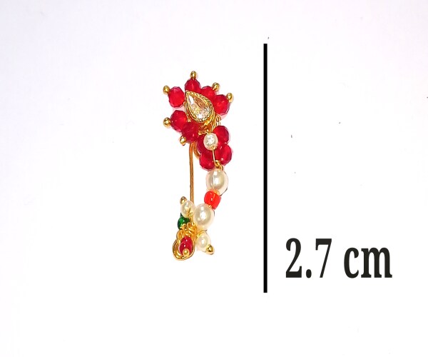 Traditional Golden & Red Ethnic Bridal Maharashtrian Nose Ring/Nath