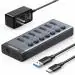 UGREEN 90305 7 Port USB 3.0 Powered Hub With 4 Fast Charge Slots, 12V/2A Power Adapter(Gray/Black)