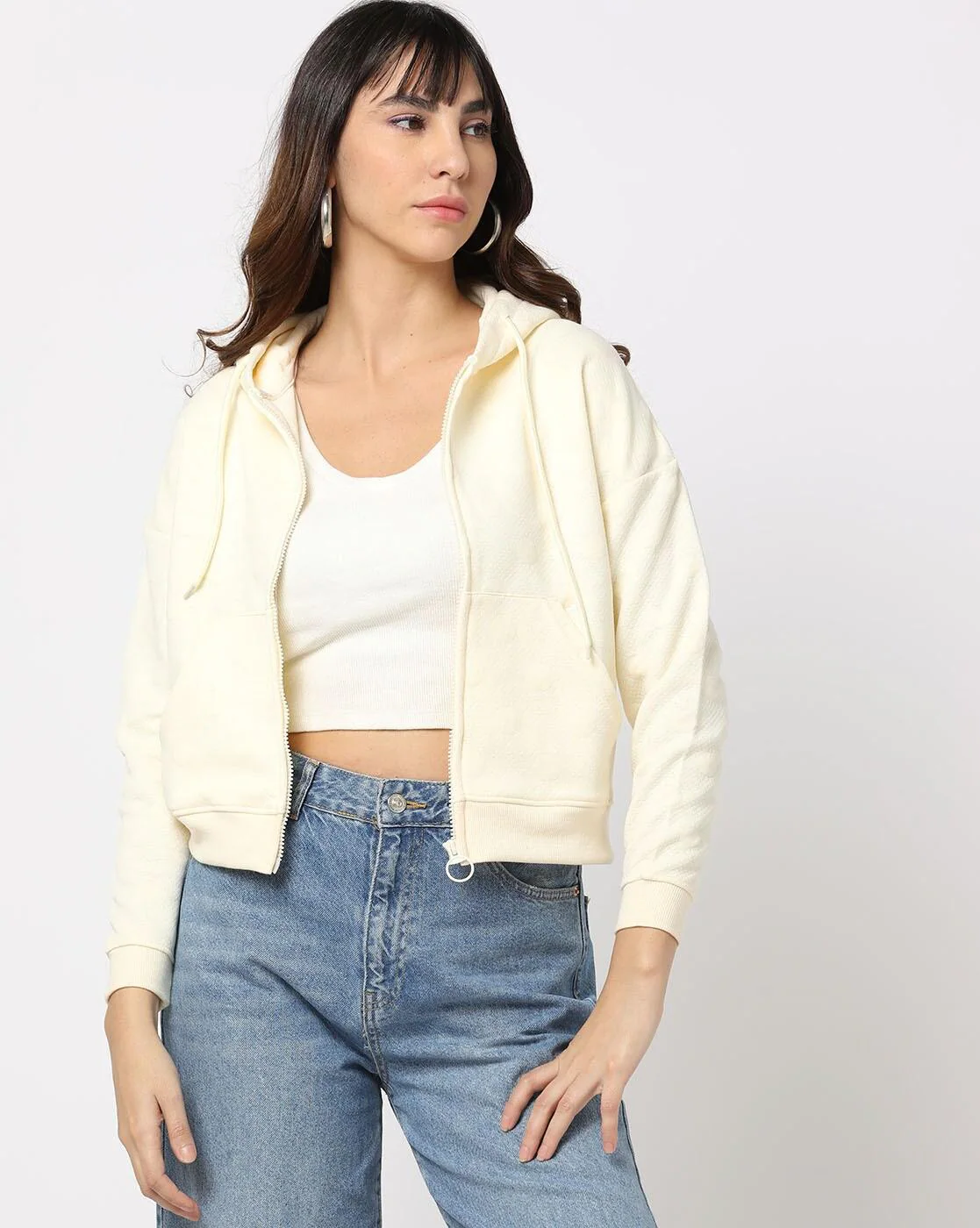 Buy Zip-Front Hoodie with Drop-Shoulder Sleeeves Online at Best