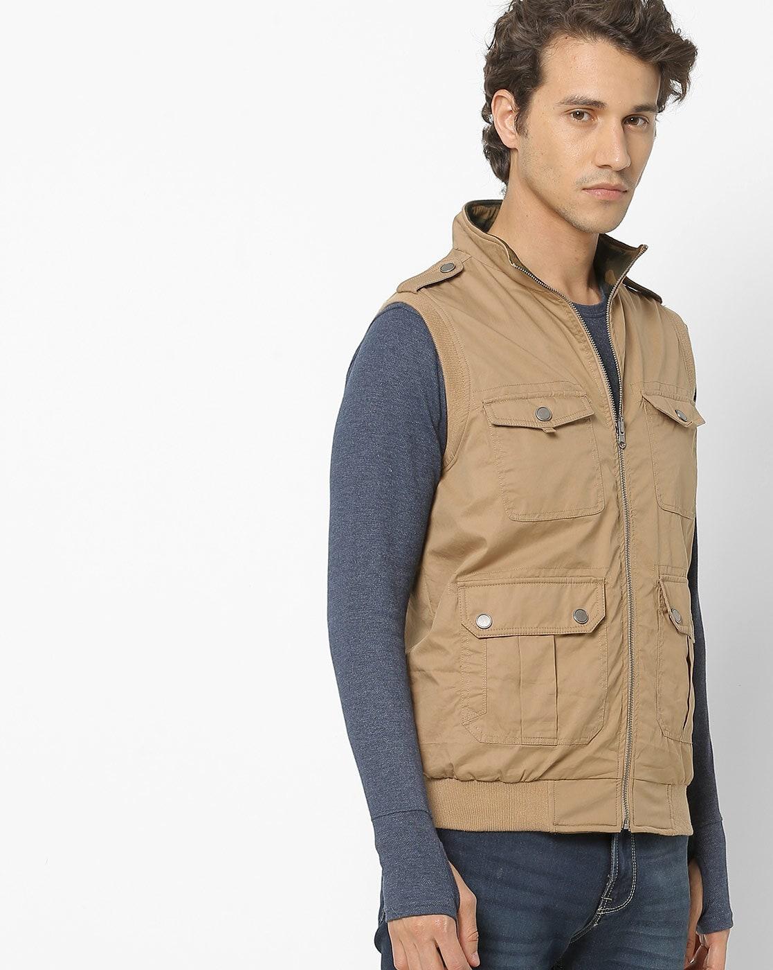 Buy Zip-Front Reversible Jacket with Button-Flap Pockets Online at
