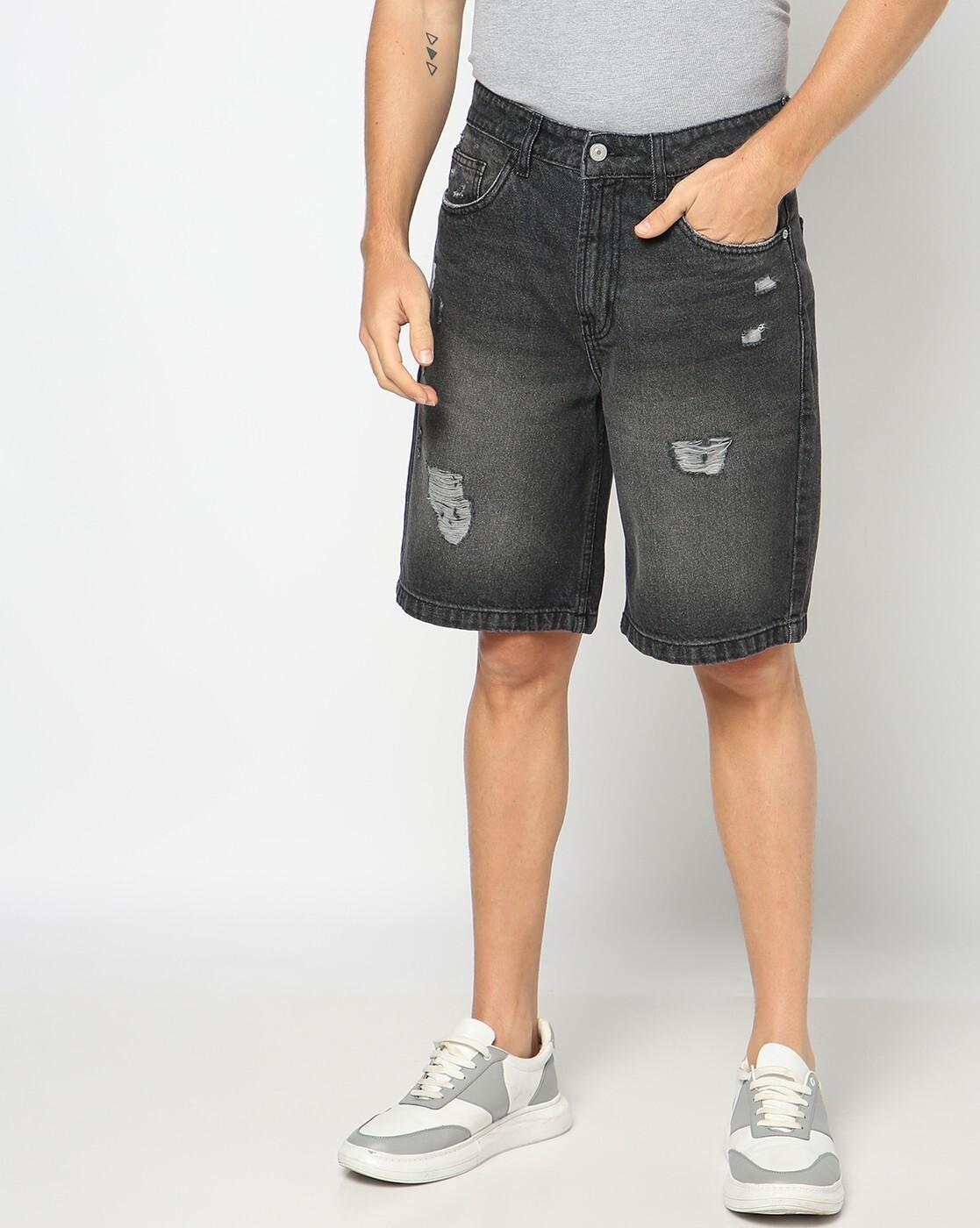 Buy Men Lightly Wash Distressed Regular Fit Denim Shorts