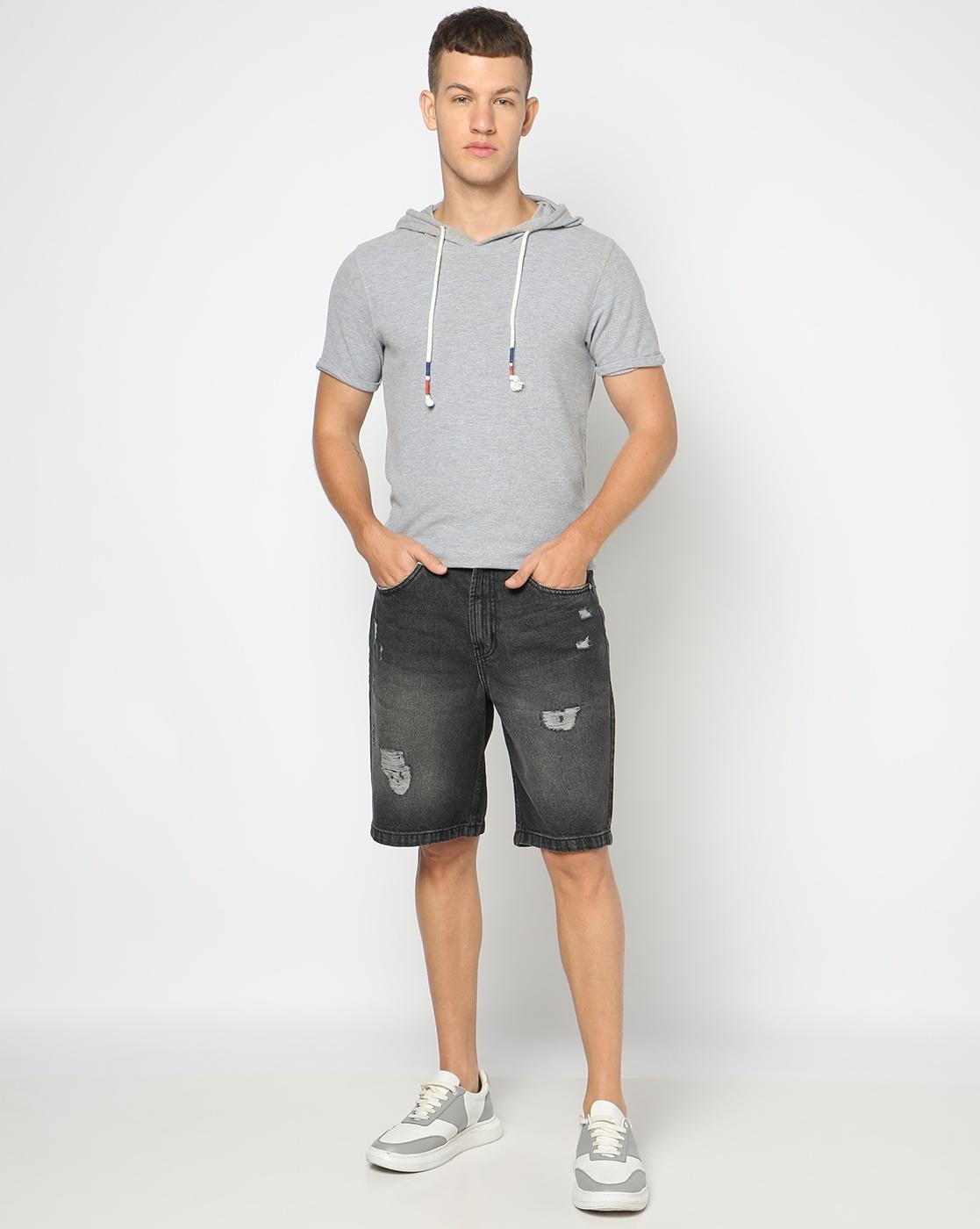 Buy Men Lightly Wash Distressed Regular Fit Denim Shorts