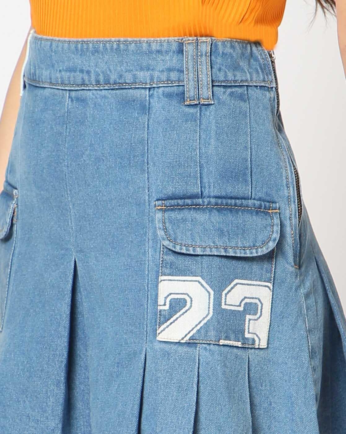 Buy Women Lightly Washed Pleated Flared Denim Skirt Online