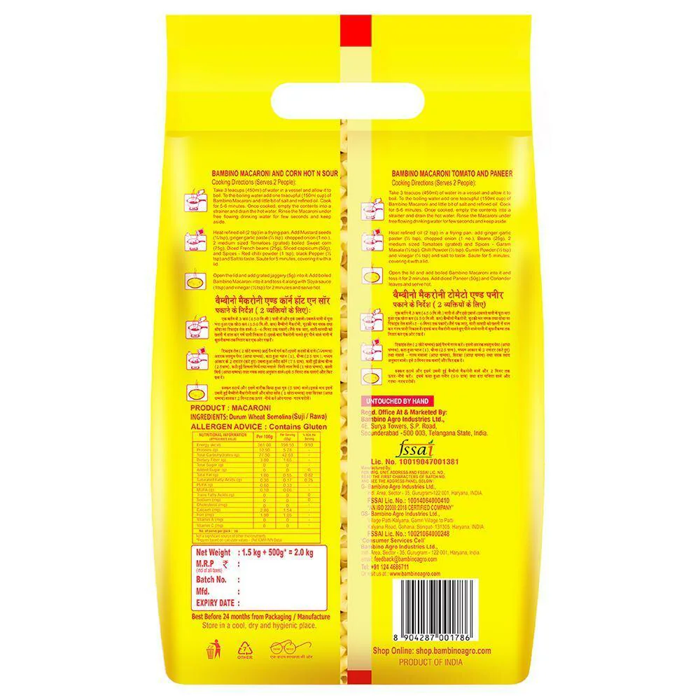 Buy Bambino Macaroni Pep Suji Pasta 1.5 kg (Family Pack) Online at