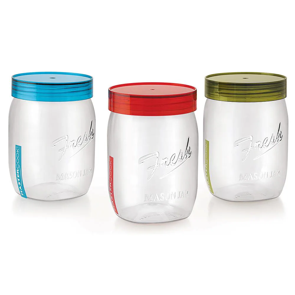 Mastercook Assorted Colour Plastic Mason Jar 1.2 L (Set of 3)