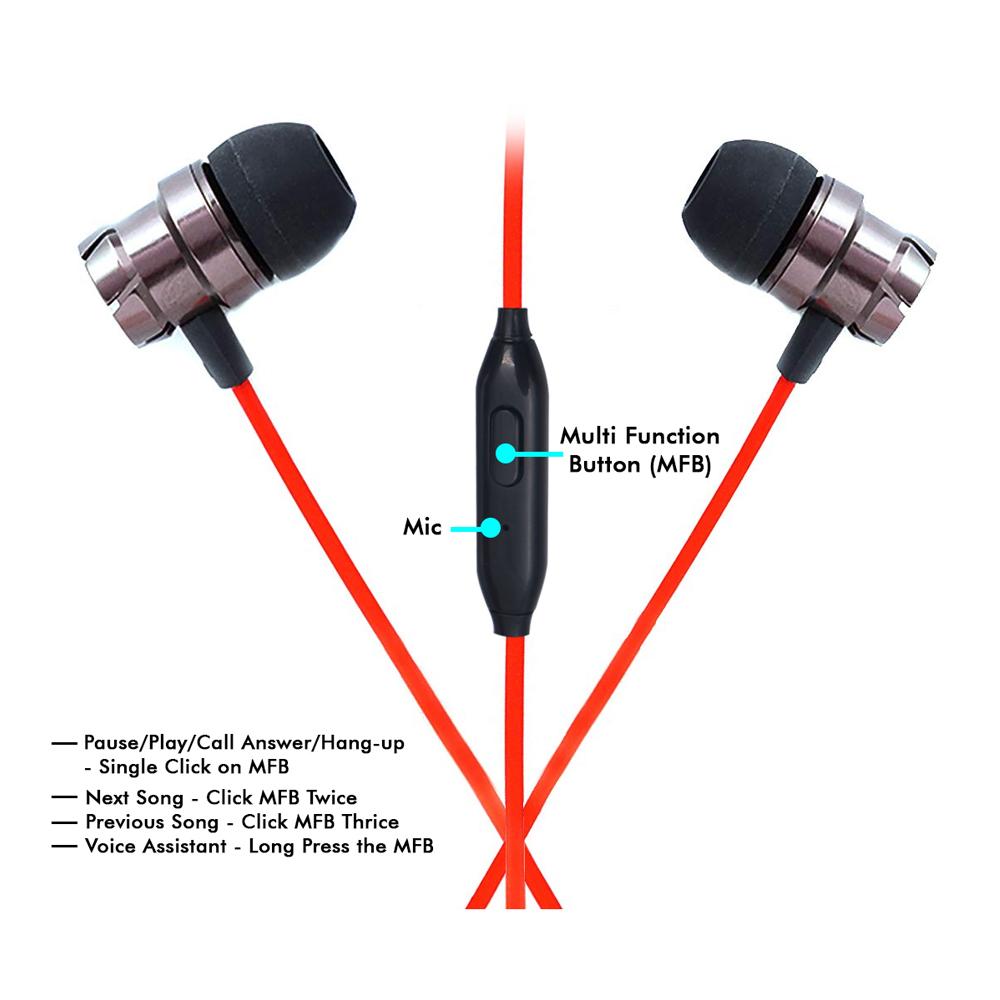 Ptron Hbe6 Earphone High Bass Earphones Metal In Ear Wired Earphone With Mic Red Black Jiomart