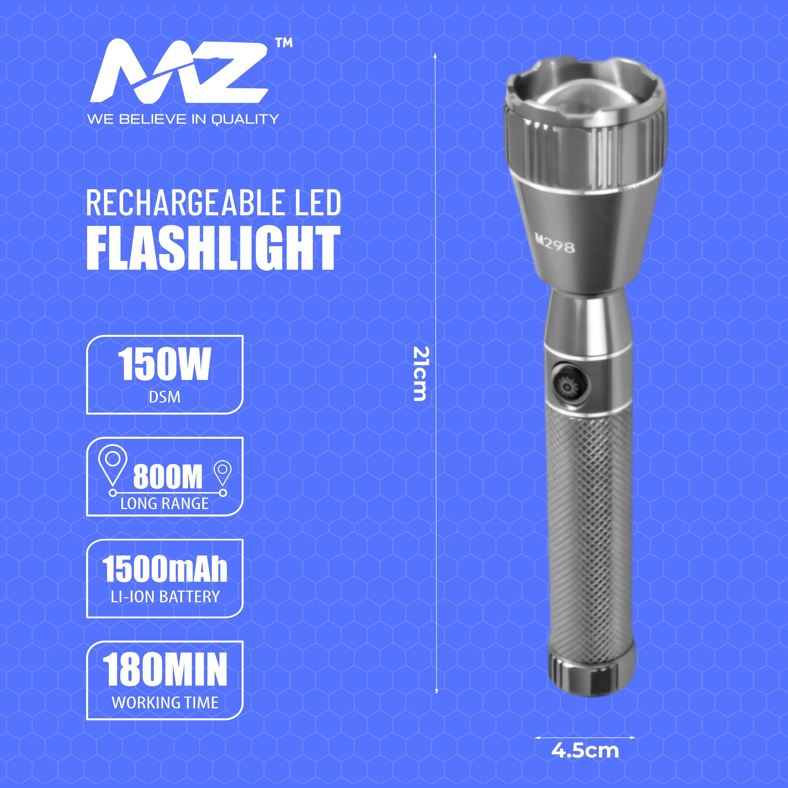 Buy MZ M298 (RECHARGEABLE LED METAL TORCH) Zoomable Super Bright