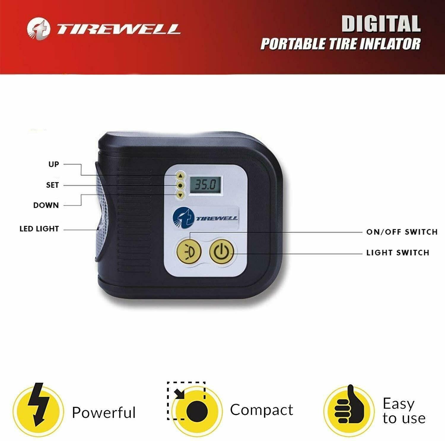 TIREWELL 12V Tire Inflator Digital Auto Portable Air Compressor with LED Light