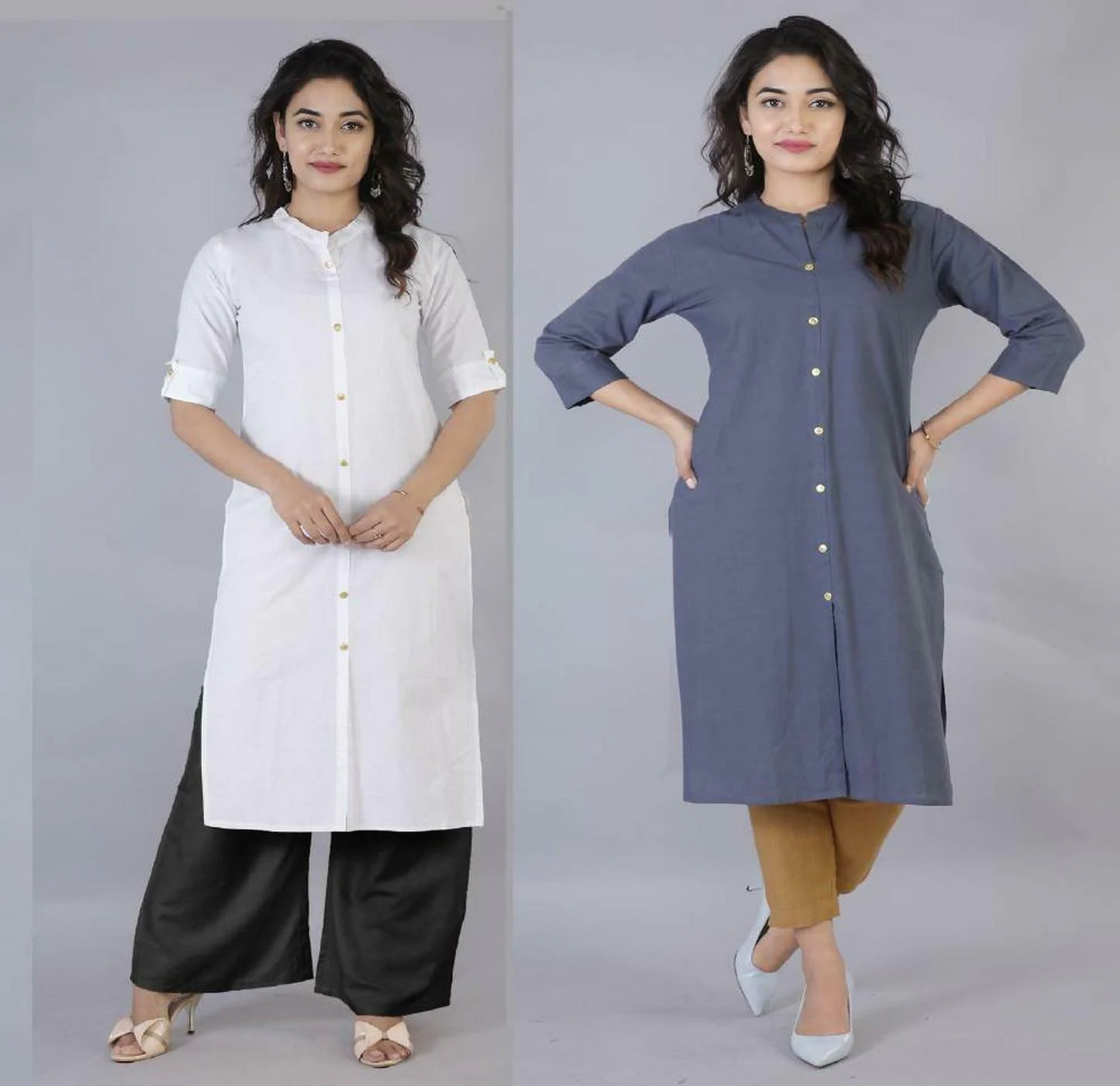 M Lala Fashion Women White and Grey Solid Pure Cotton Straight Kurta - L  (Pack of 2) - JioMart