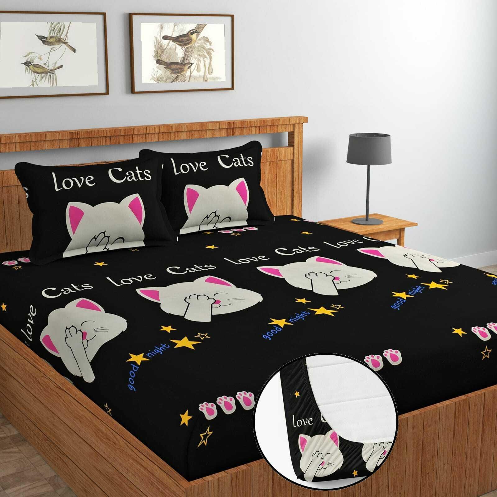 Buy Apni Dukan 240 TC Glace Cotton double fitted black kitty