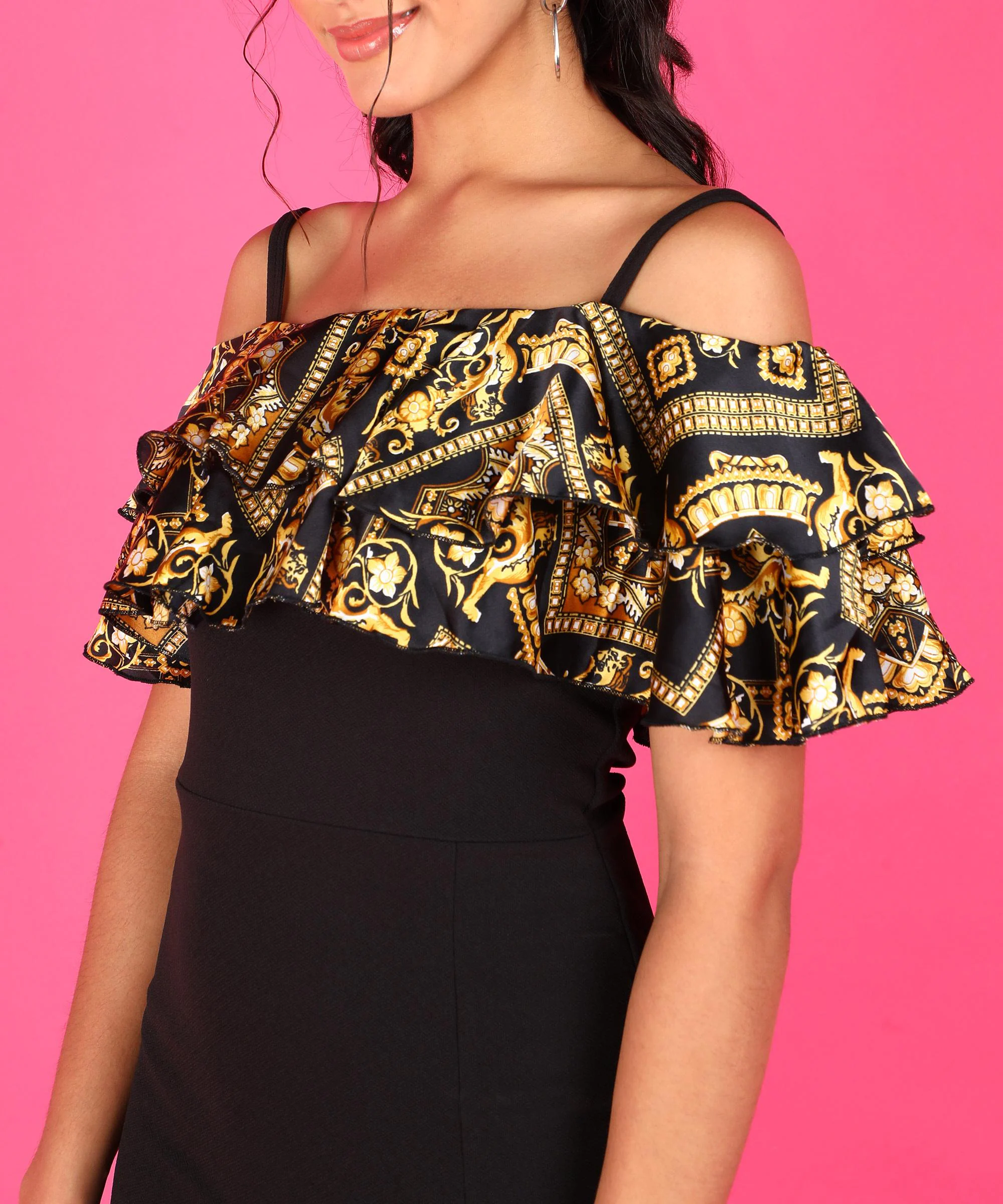 Buy Popwings Women Casual Black Ruffle Printed High Slit