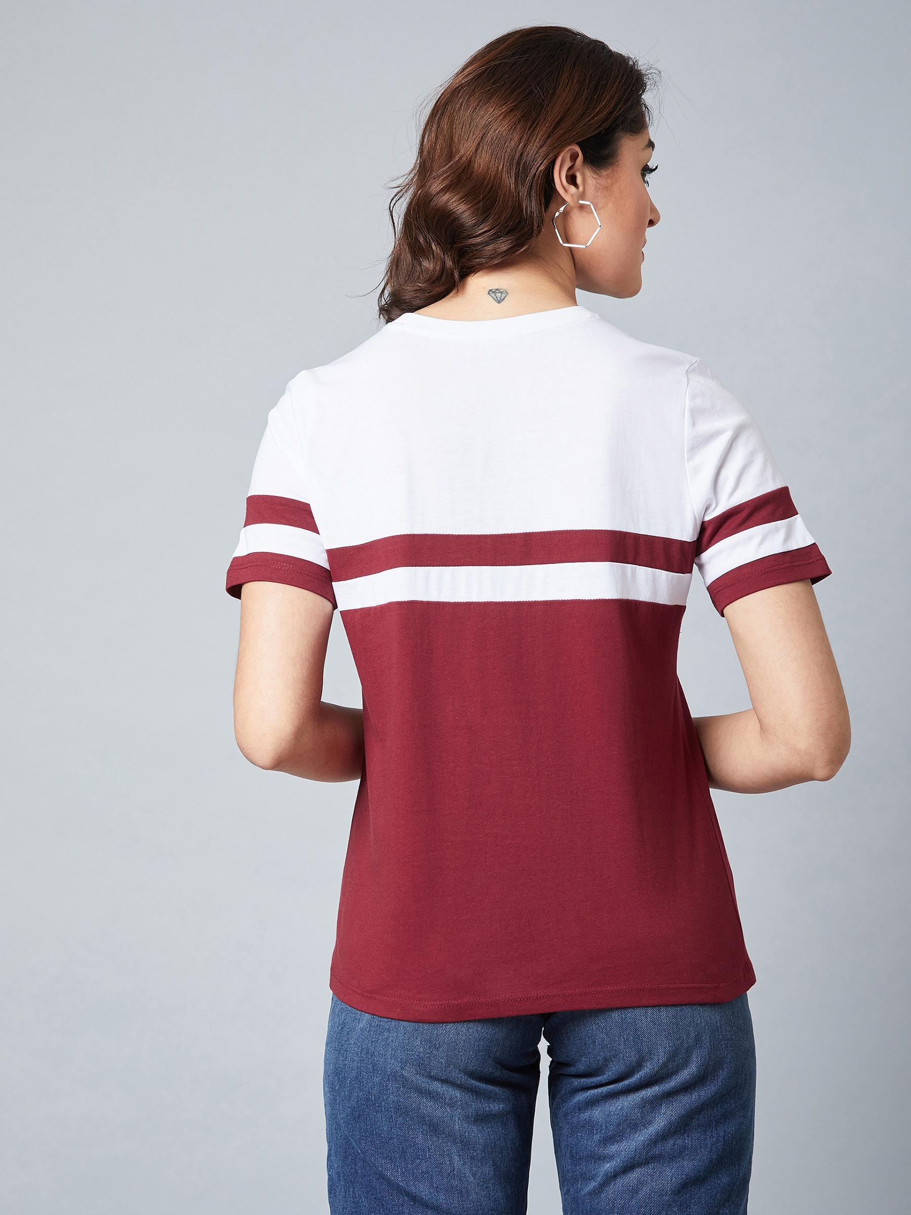 maroon and white t shirt