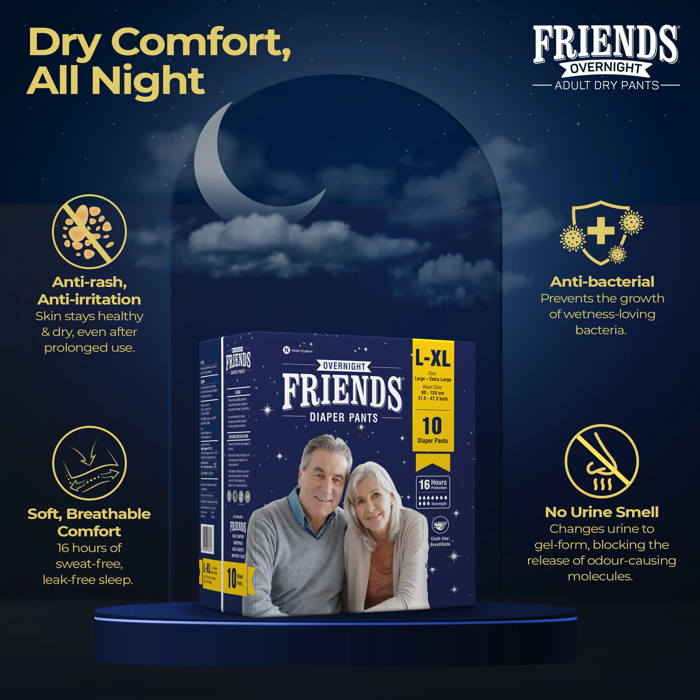 Friends Overnight Adult Diapers Pants Style - 10 Count (L-XL) with odour  lock and Anti-Bacterial Absorbent Core- Waist Size 30- 56 Inch ; 76- 142cm