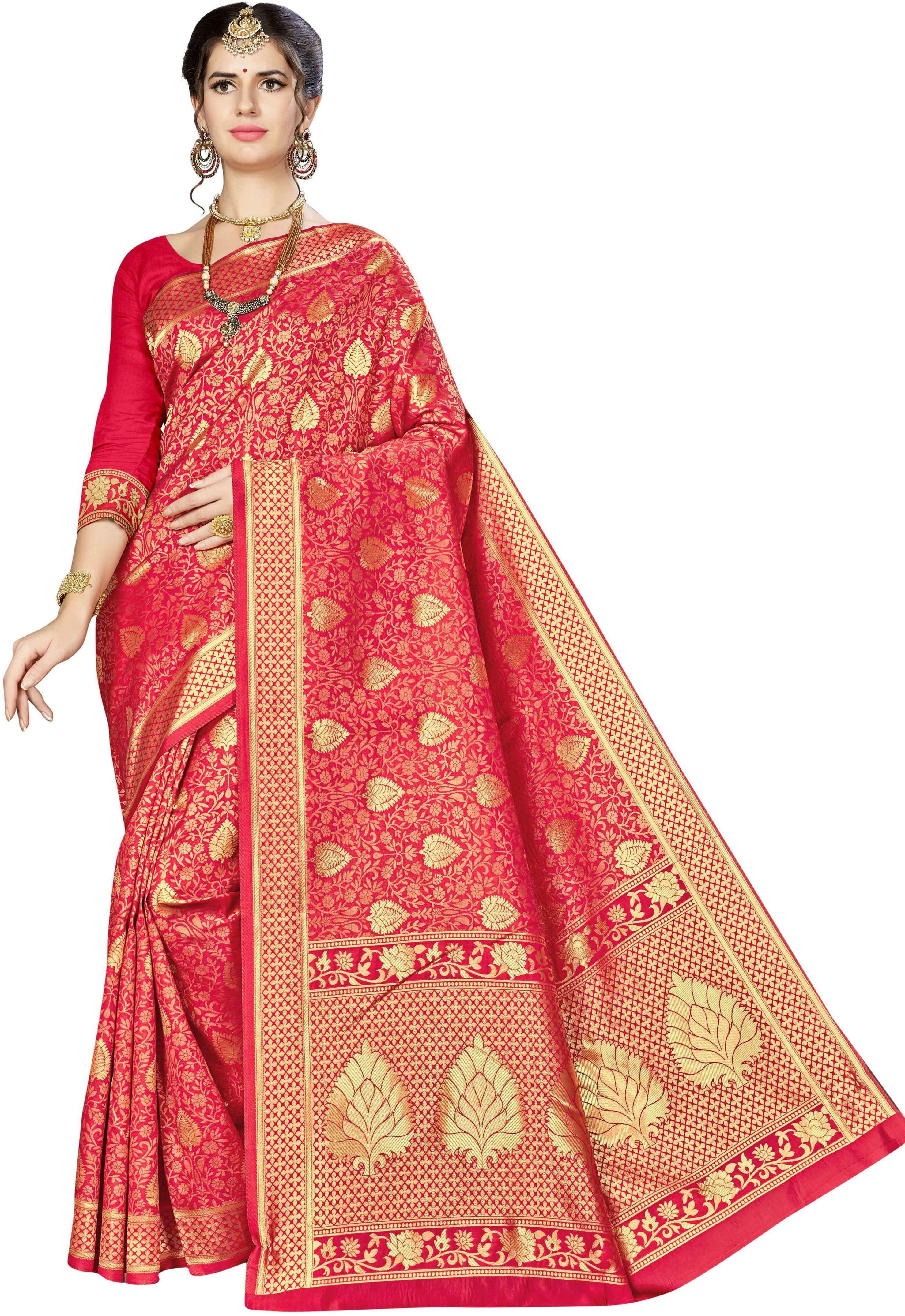 Manvaa Women Red Woven Design Silk Blend Saree - JioMart