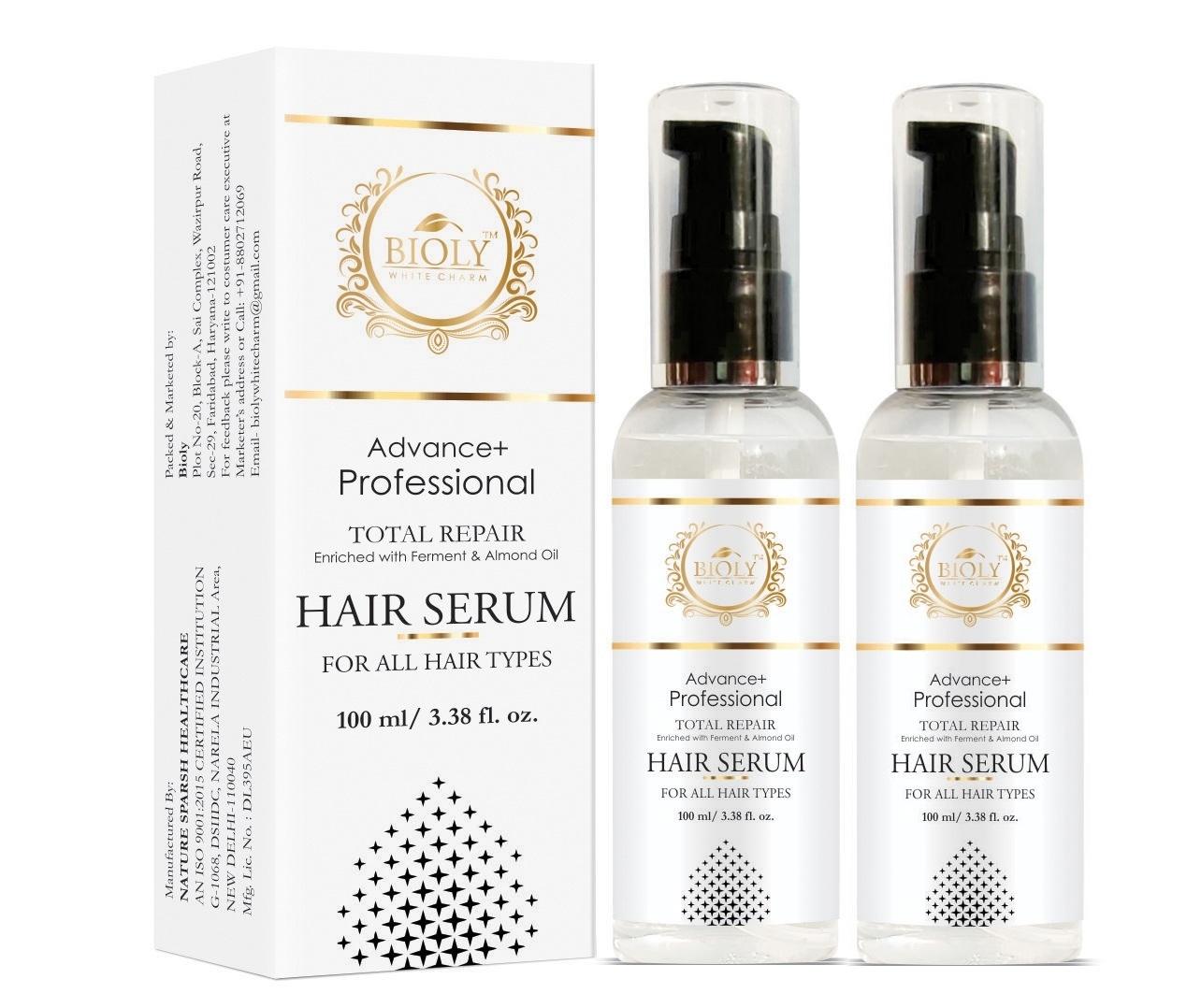 Bioly Hair Serum Advance + Professional Total Hair Repair Serum for Hair  Shine, Silky, Glossy, Softer, Smooth & Tangle Free, Frizz Free Hair,  Enriched with Ferment & Almond Oil (100 ML Each,