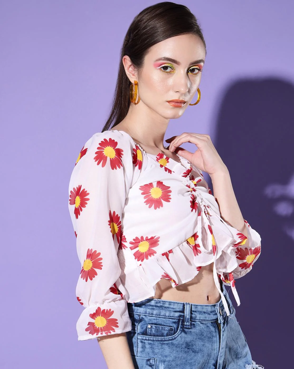 【rosymonster】flutter flower couture tops Buy BuyNewTrend White Red Flower Printed Georgette Crop Top | top