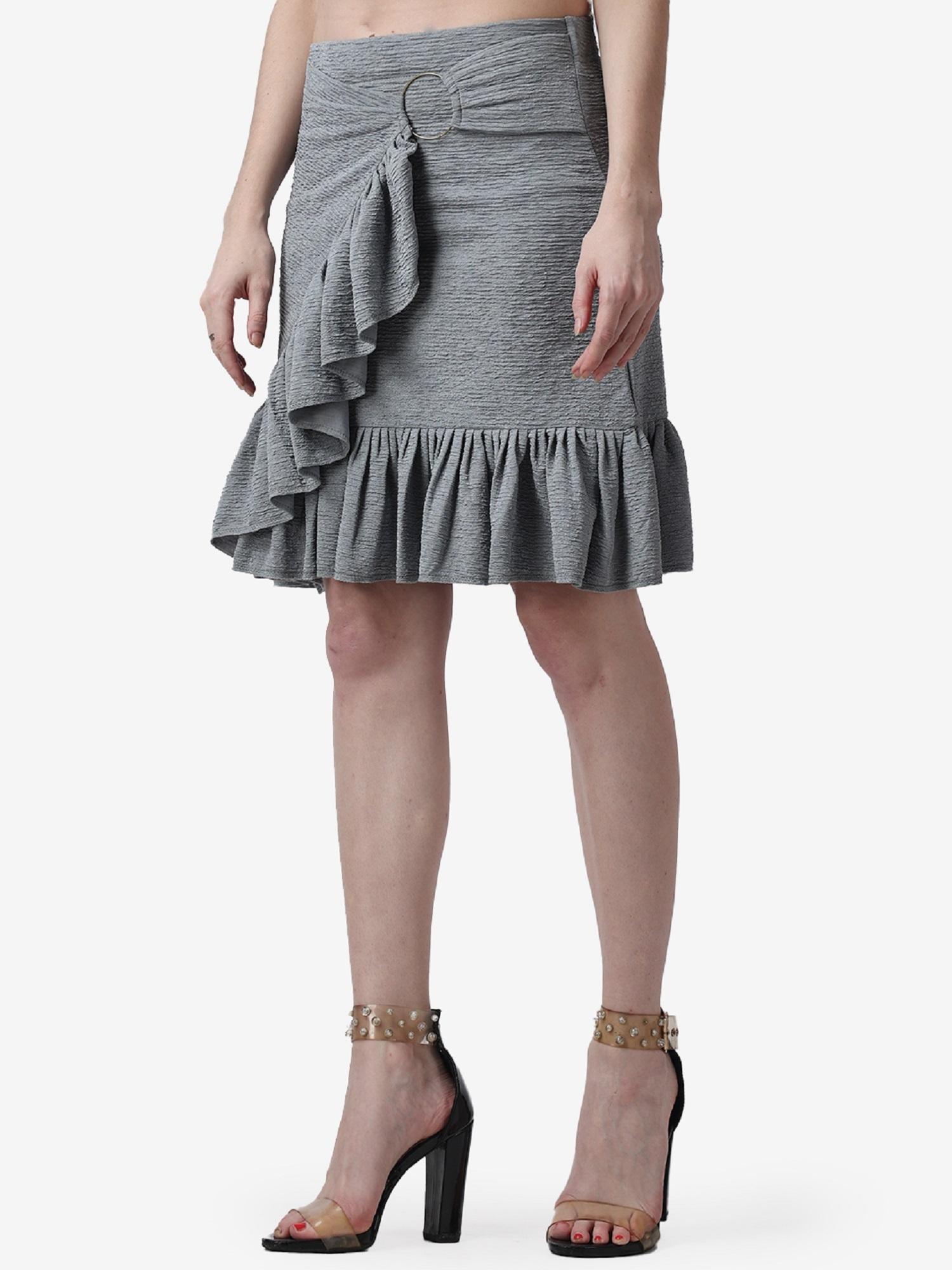 Buy Popwings Casual Grey Frill Mini Skirt with Front Bangle Women