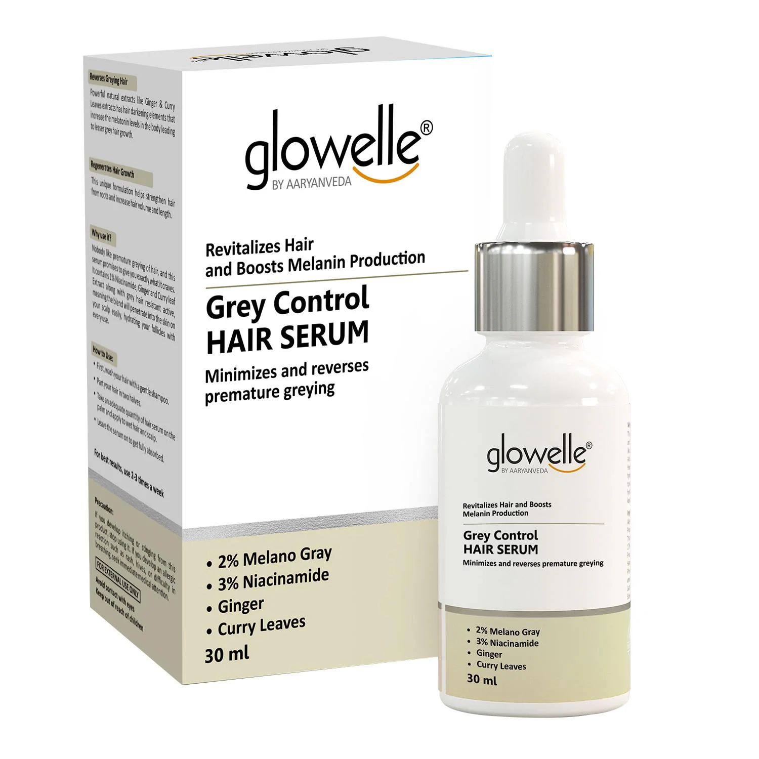 Glowelle Grey Control Hair Serum Infused with Melano Gray, Niacinamide,  Ginger and Curry Leaves, Decreases Gray hair and Boosts Melanin production  for black hair and Stimulates New Hair Growth - JioMart