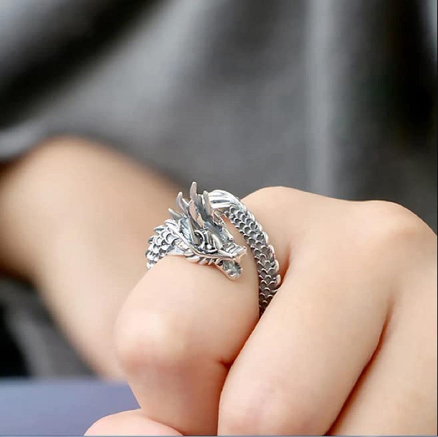 Buy AJS Silver Dragon Ring Adjustable Silver Men's Ring, Wild