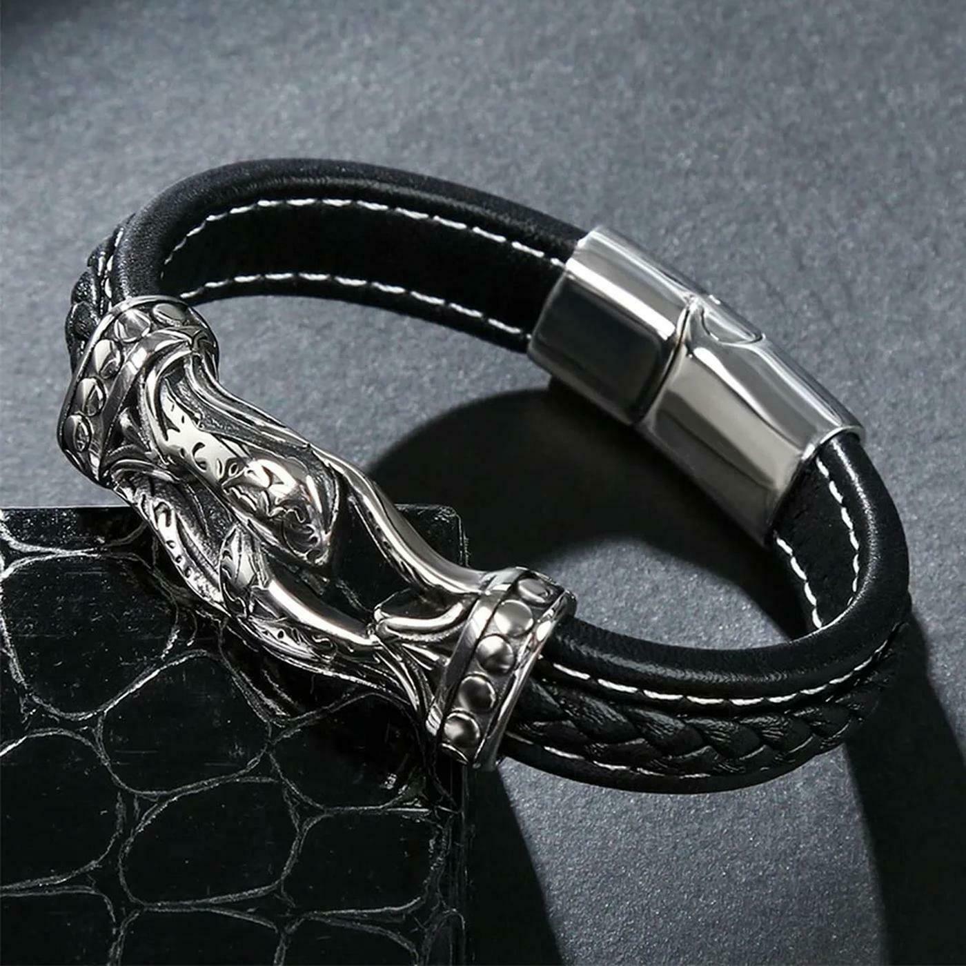 Buy Yellow Chimes Black Stainless Steel Leather Bracelets for Men