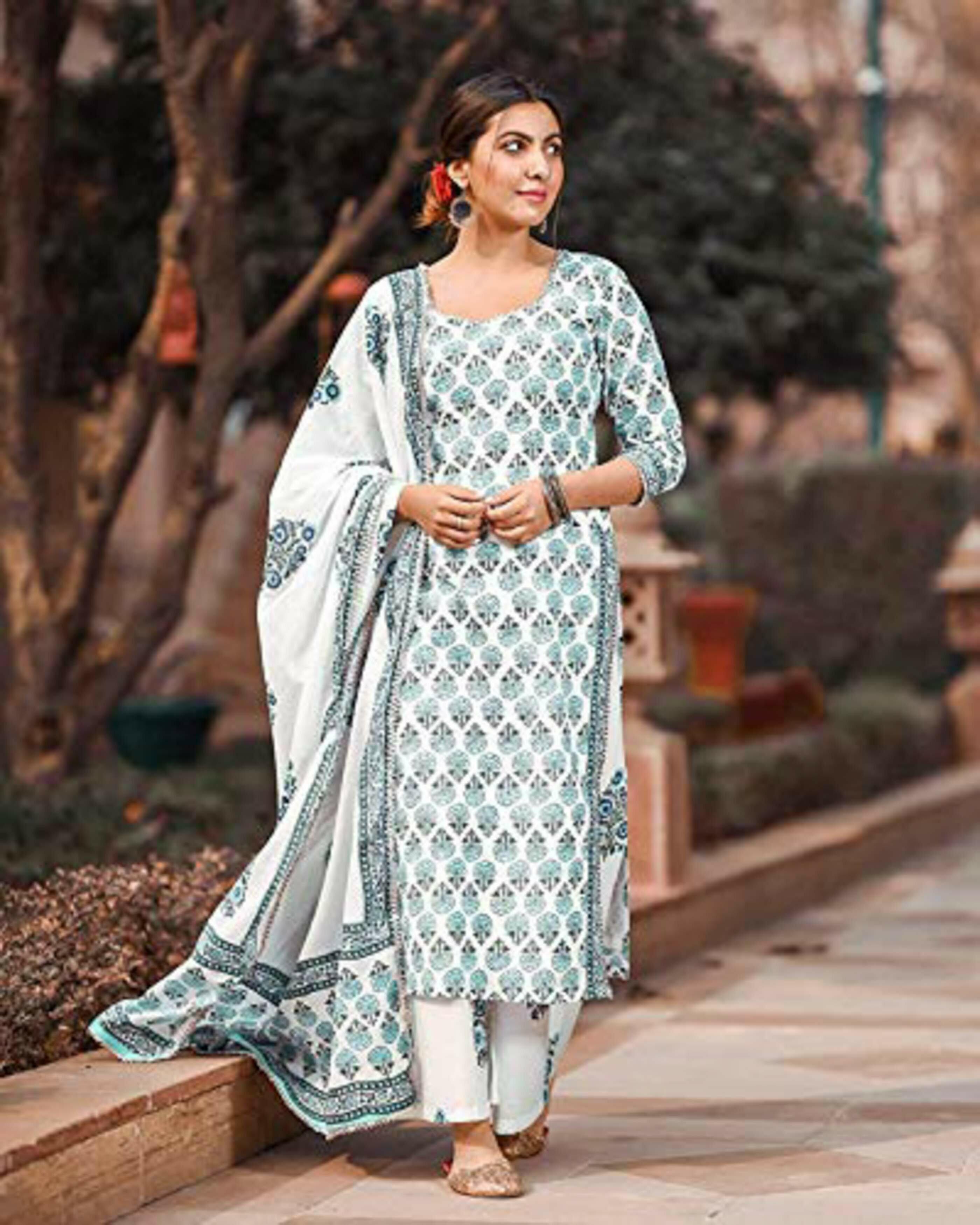 Buy Femeone Women White Cotton Kurti Pant Dupatta Set - L Online at Best  Prices in India - JioMart.