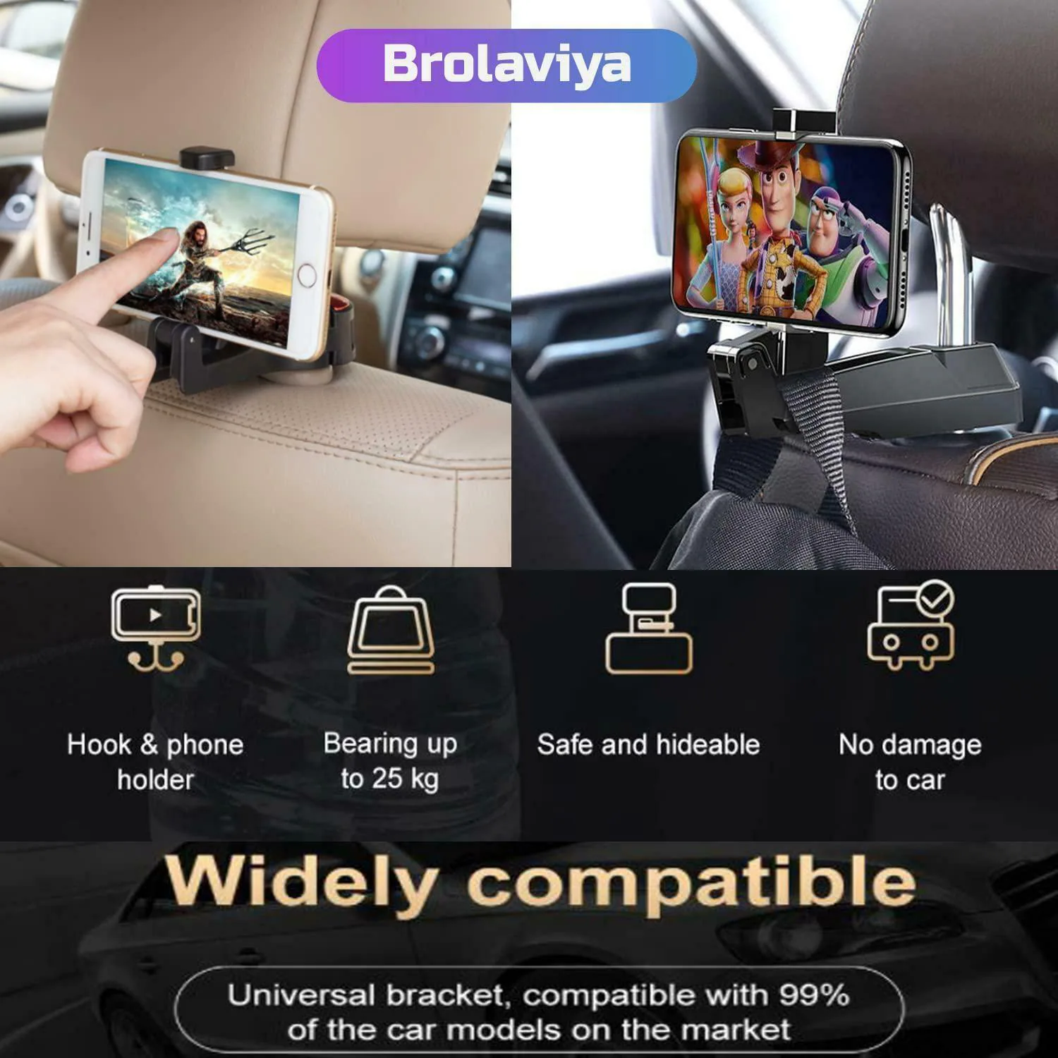 Portable and Space-Saving Design Auto Hanger Hanging Bag Accessories Easy to Install Bronze Bouanq Car Headrest Hooks with Safety Armrest Multifunctional Auto Seat Hook 