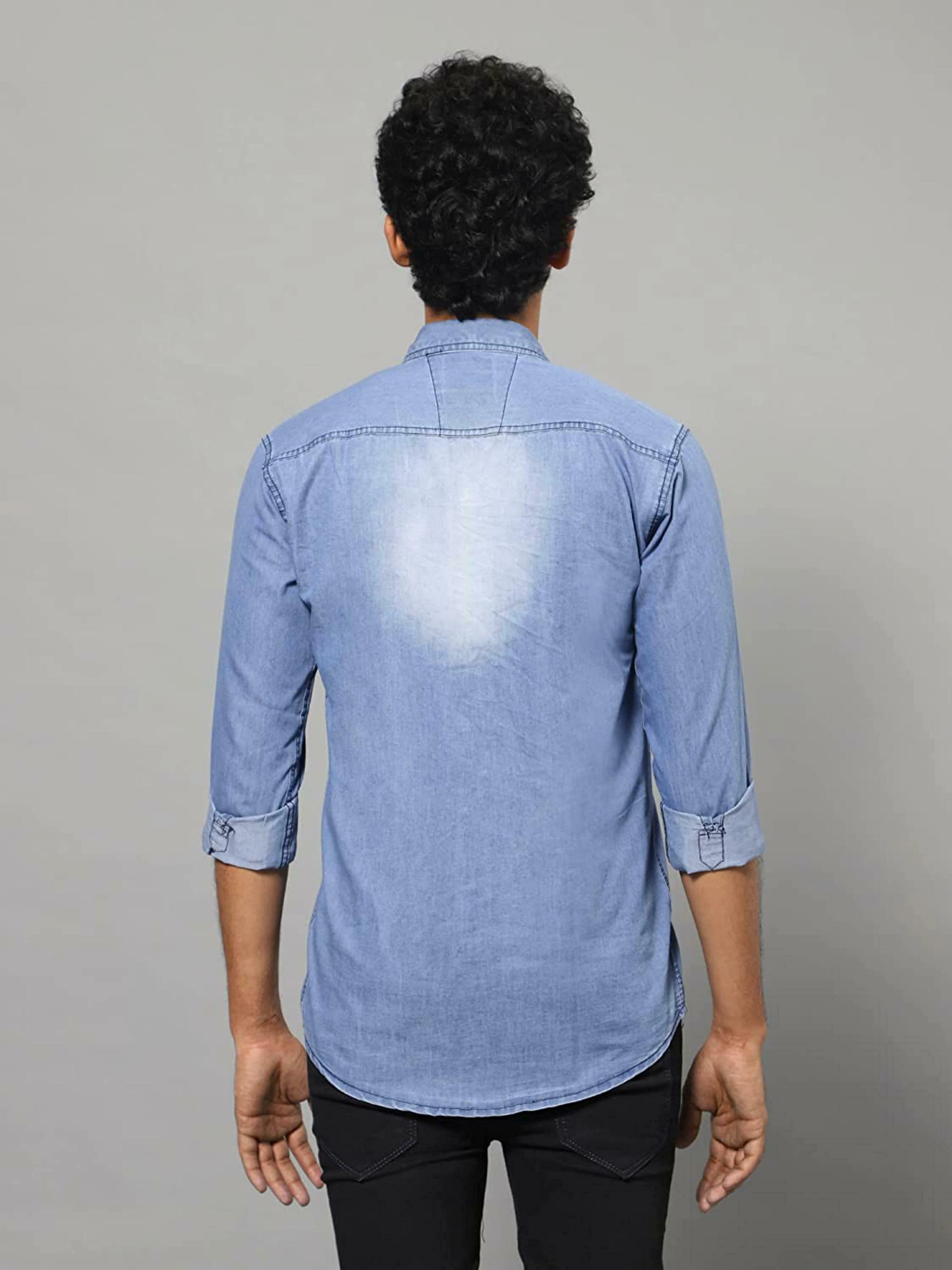 Buy GRAND STITCH Men Light Blue Solid Denim Single Casual Shirts