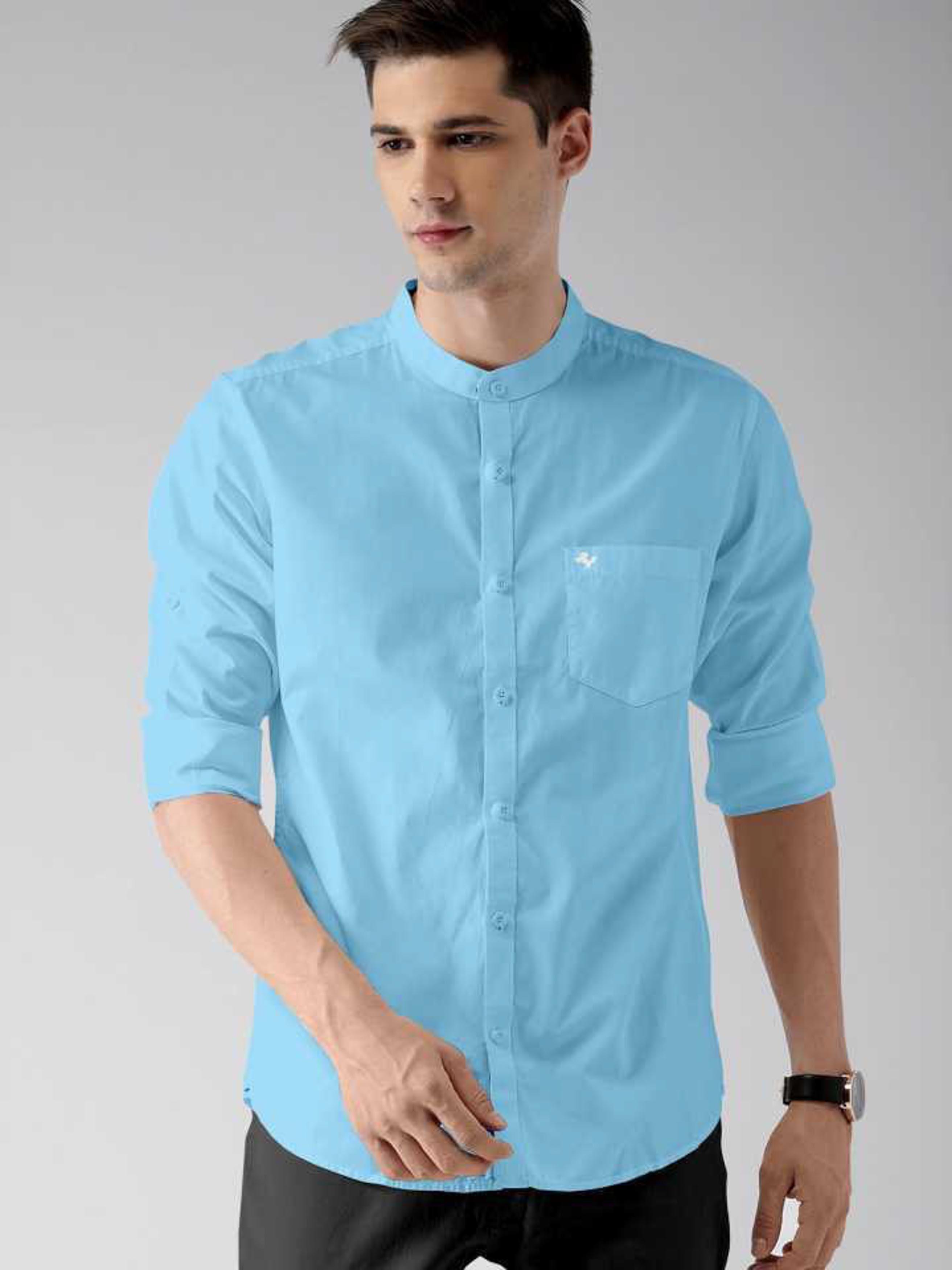 Buy BOUGHT FIRST Solid Regular Fit Men's Full Sleeves Mandarin Collar  Cotton Blend Shirt Stylish Casual Formal Party, Office, Festival- (Sky Blue,  L) Online at Best Prices in India - JioMart.