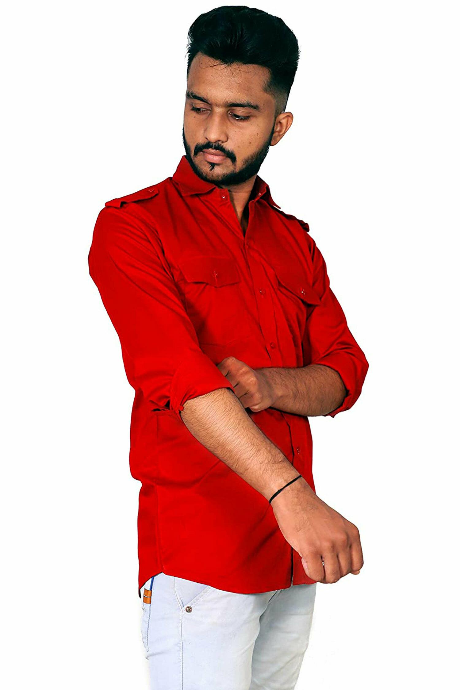 Buy REBANTA Mens Casual Shirt Double Pocket (Red, Pure Cotton