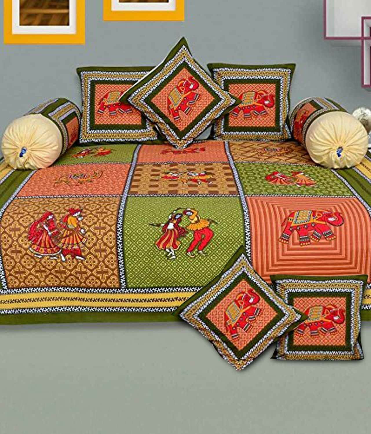 Indian Home 100% Cotton Decorative Traditional Print Diwan Bedding Set 8 Pcs Art