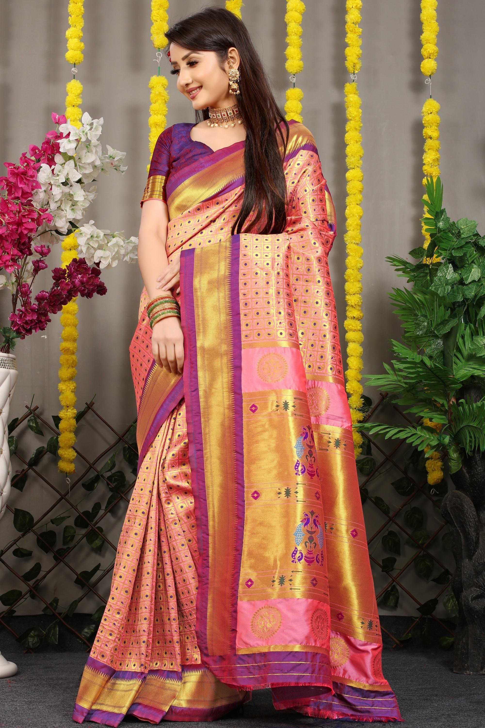 Amazon.com: EKKTARA Saree For Women Rose Red Colour Pure Silk Paithani Saree  With Unstitched Designer Blouse : Clothing, Shoes & Jewelry