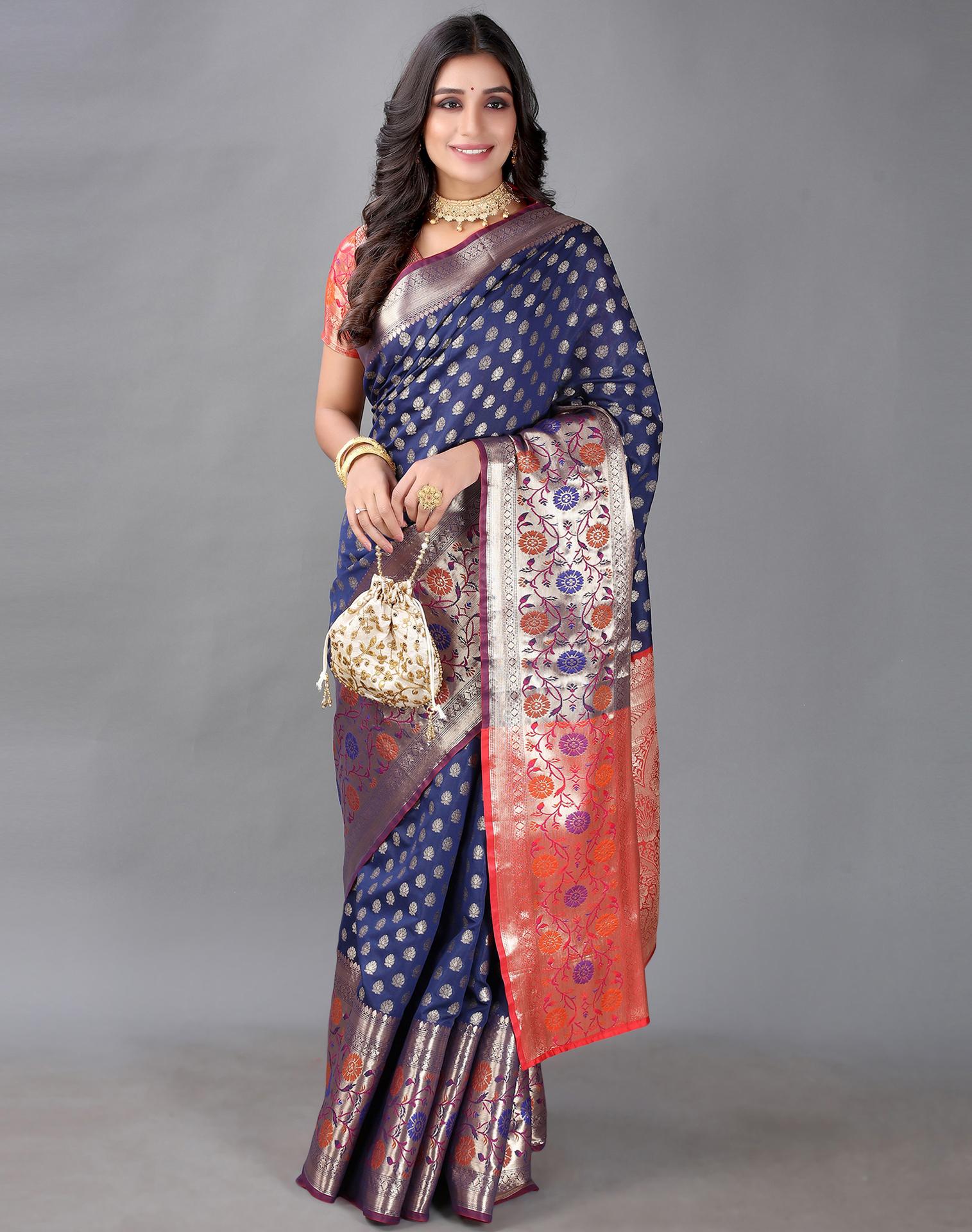 Satrani Women'S Navy Blue and Golden Paithani Jacquard Silk Saree - JioMart