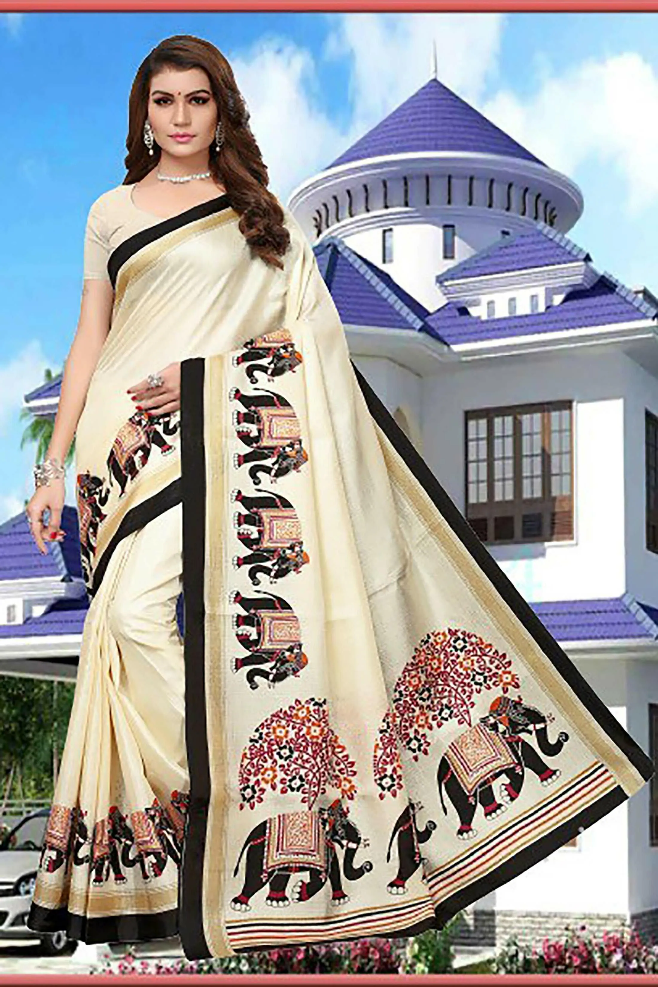 Gugaliya Women Courageous Cream Animal Print Art Silk, Pure Silk Saree -  JioMart