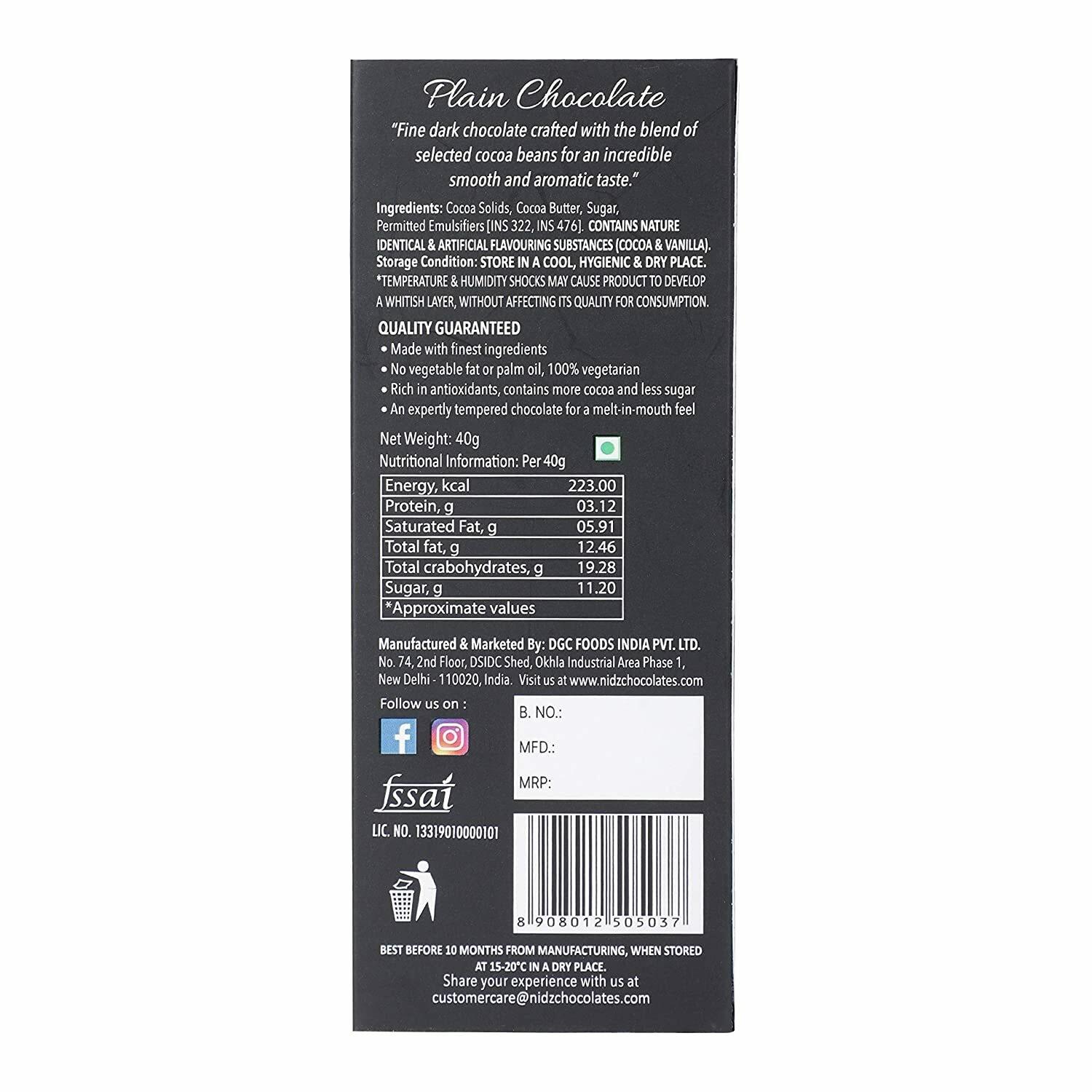 Buy NID'Z DARK EXCELLENCE CHOCOLATE 72% COCOA (Packf of 5* 40 g