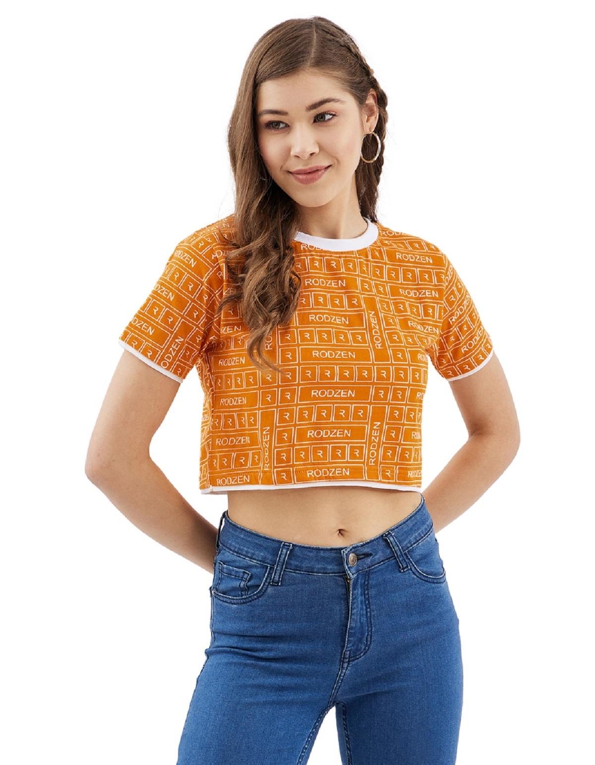 Buy RodZen Pure Cotton Printed Half Sleeve Crop Tshirt(PO2