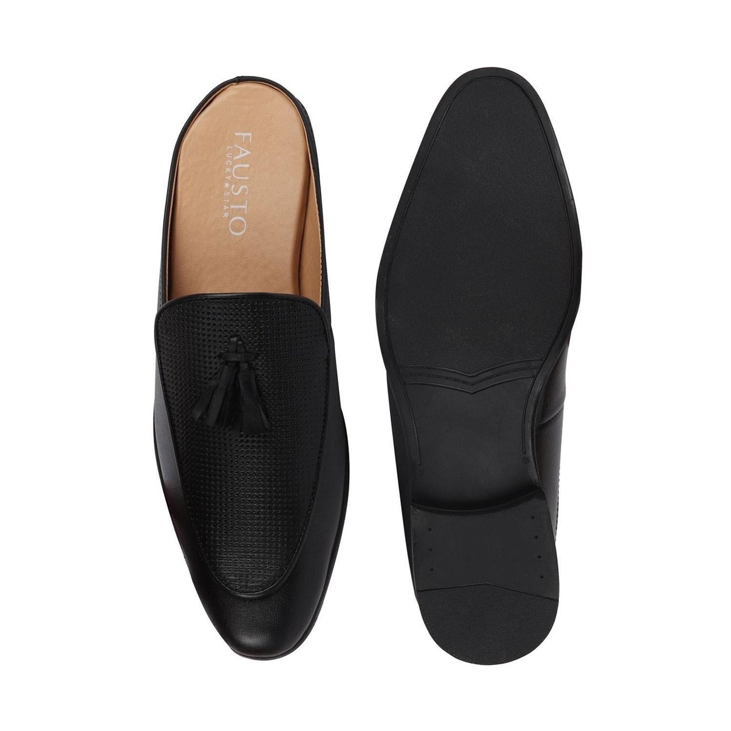 Buy FAUSTO Men Black Back Open Tassle Leather Slip On Shoes Online