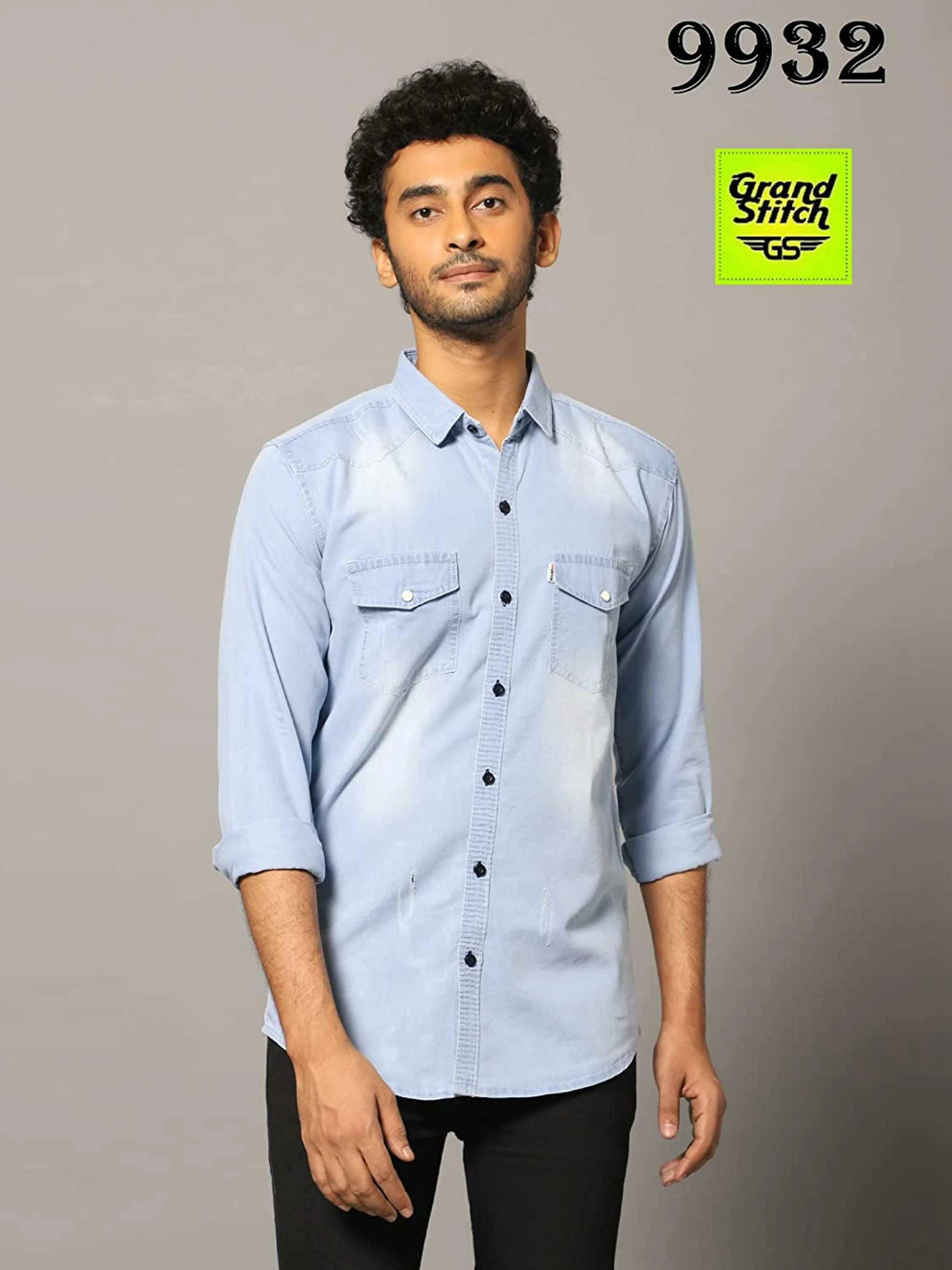 Buy GRAND STITCH Men Blue Solid Denim Single Casual Shirts (XL