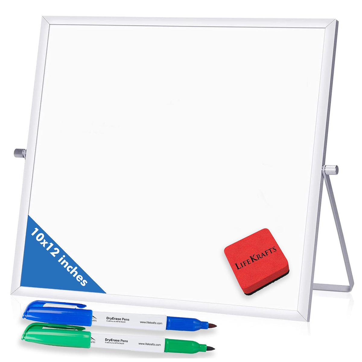 Home School 10” x 10” Portable Mini Dry Erase Whiteboard for Students Double Side to Do List Dry Erase Board with Stand for Office Small Desktop White Board 