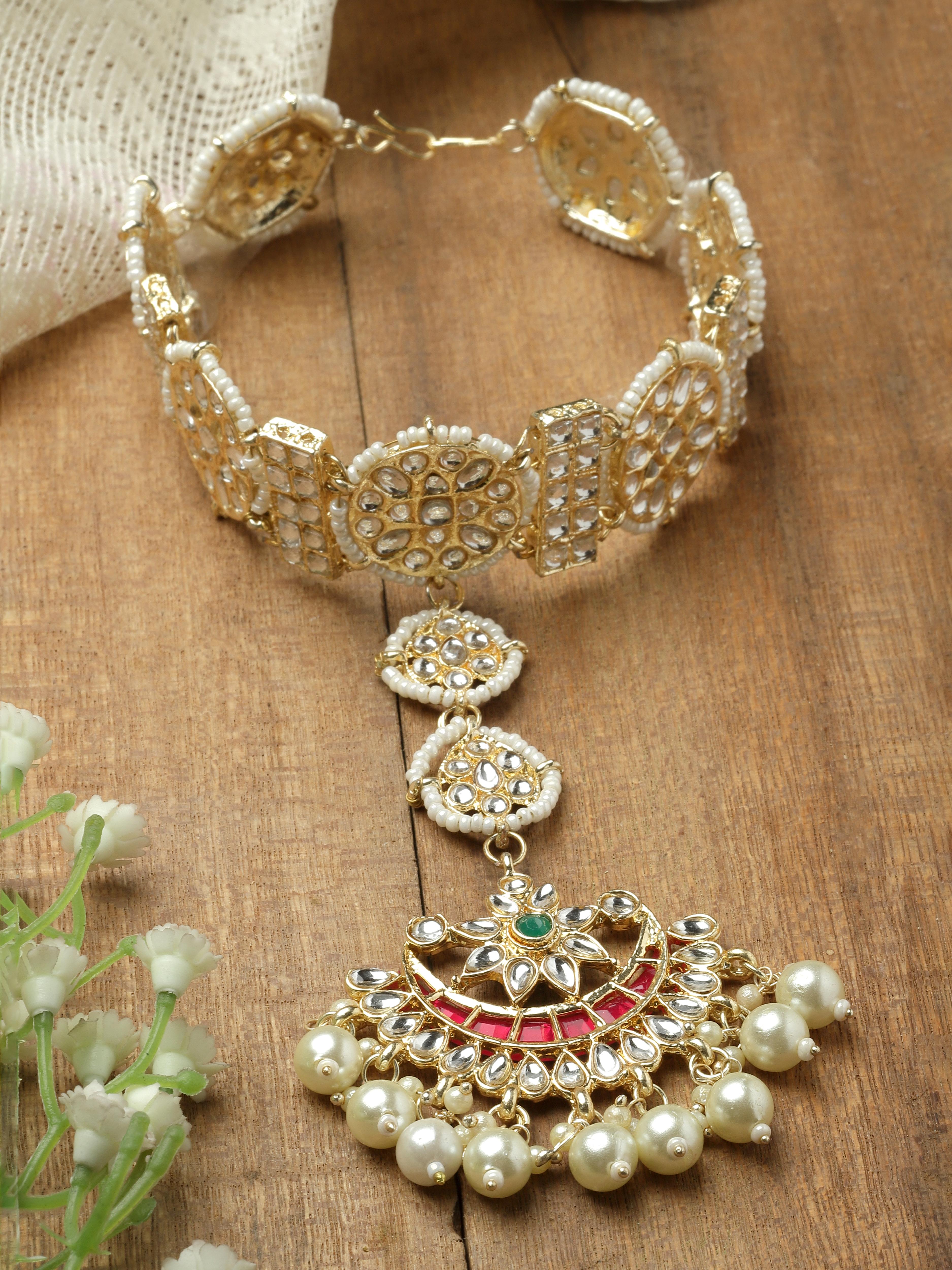 Buy Zeneme Gold-Plated White Kundan Studded Vilandi Crescent