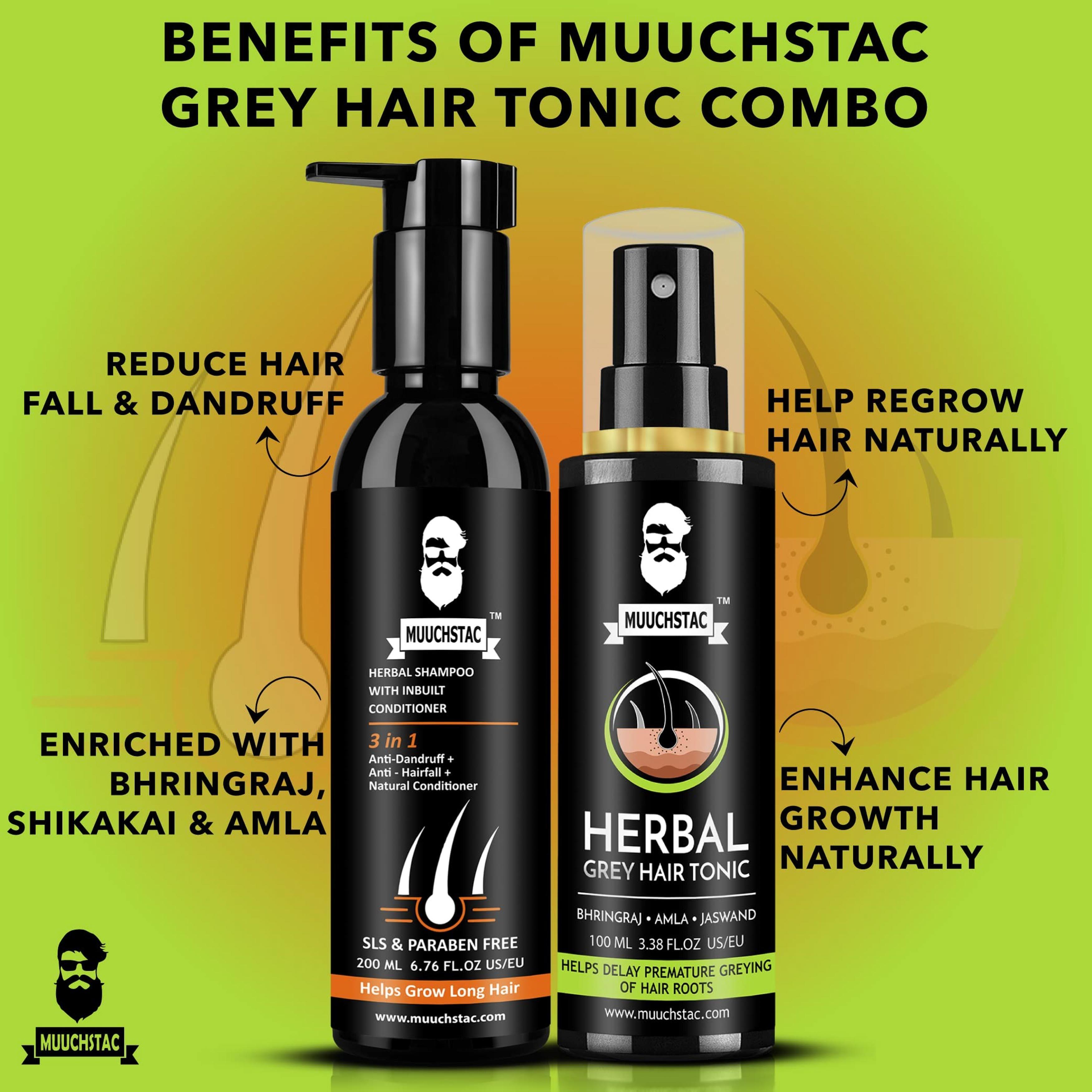 Muuchstac Herbal Grey Hair Tonic (100 ml) & Herbal Shampoo with Inbuilt  Conditioner (200 ml) - JioMart