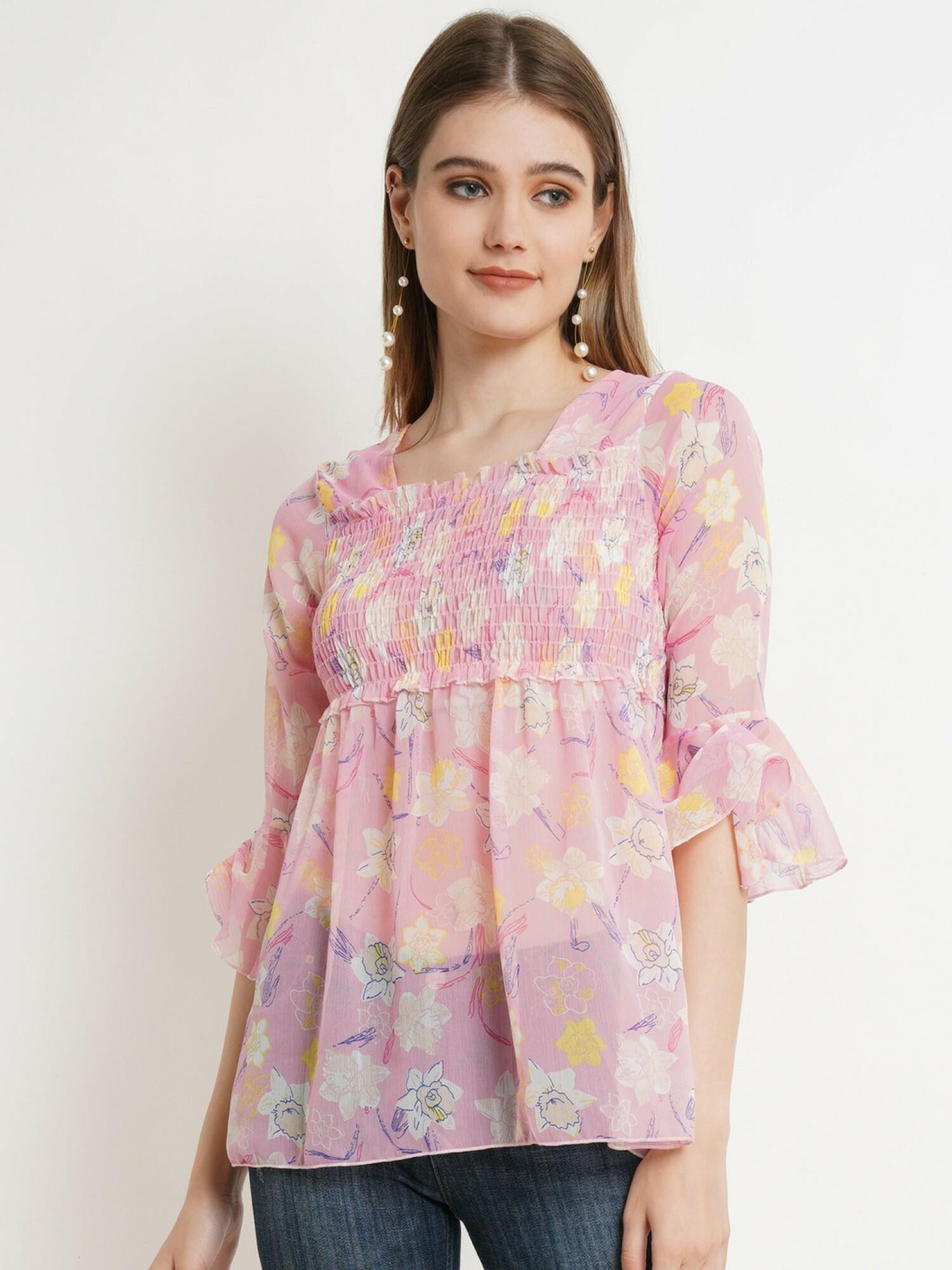 Buy Popwings Women Casual Pink Chiffon Peplum Floral Printed Top