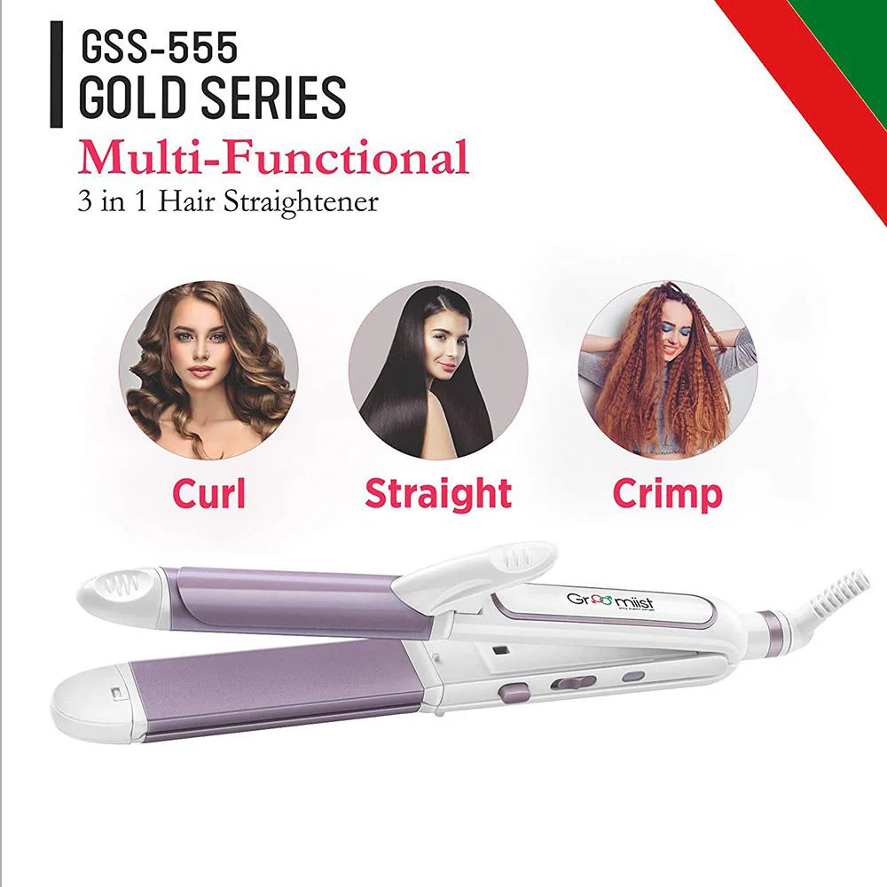 Groomiist 56 Watts Gold Series 3 in 1 Multi Functional Hair Straightener  GSS 555 with 30 Seconds Instant Heat Up & 200 C Ideal Temperature (White &  Mauve) - JioMart