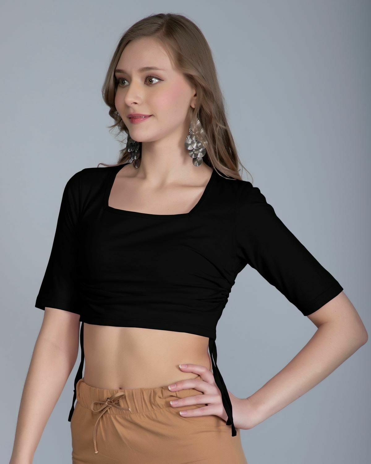 【新品】MANOF◼️DRAWSTRING SLEEVE SHORT BLOUSE Women's Drawstring Cropped Short Sleeve V Neck Top, V Neck Top