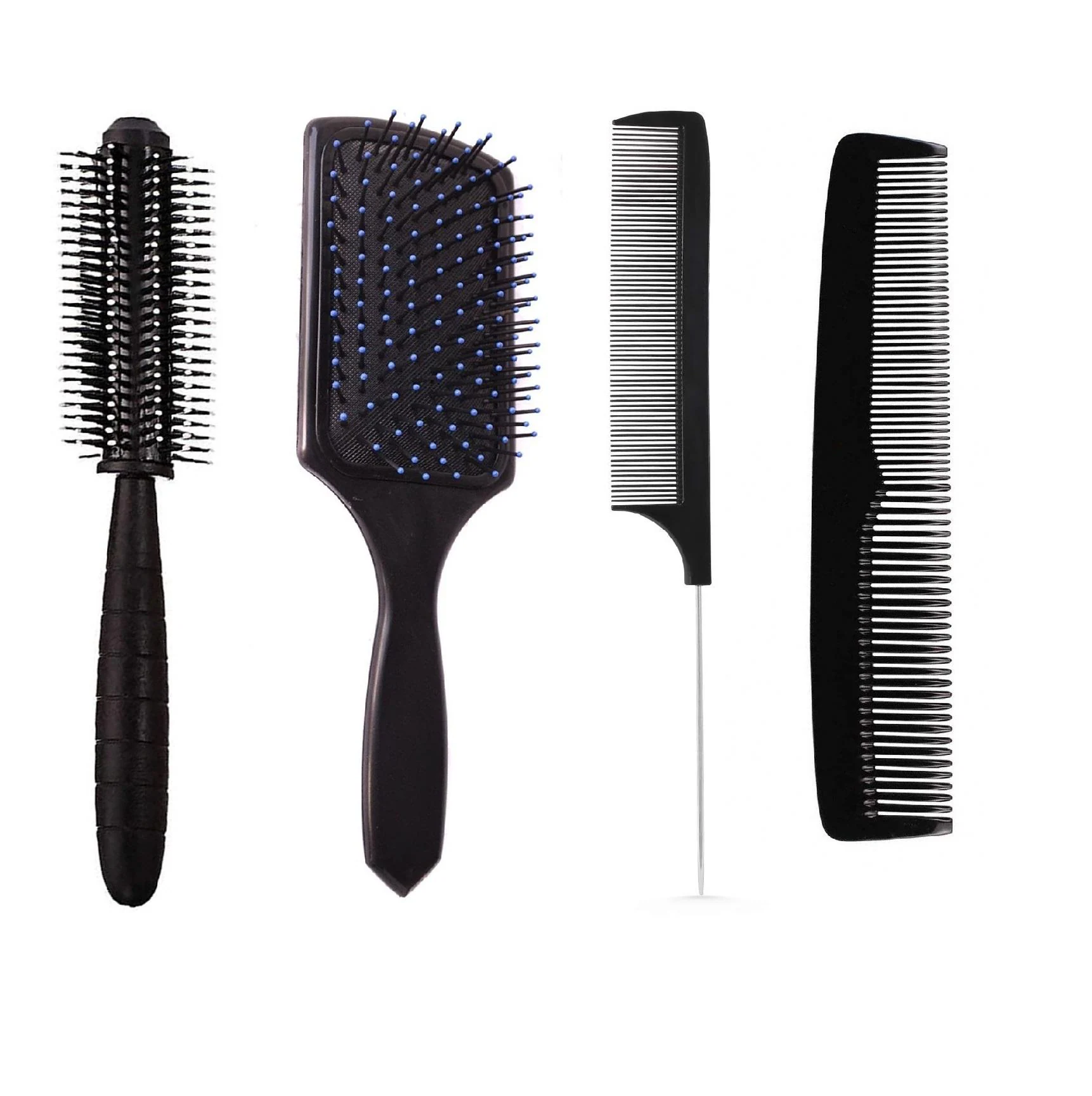 E-DUNIA Best Hair Brush Combo of Black Carbon Rat Tail comb With Steel  handle, Round Hair Comb, Paddle Hair Brush with Soft Nylon Bristles &  Simple Normal use Brush for Women and