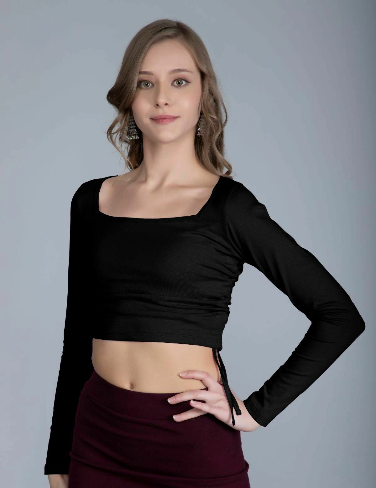 【新品】MANOF◼️DRAWSTRING SLEEVE SHORT BLOUSE Buy THE BLAZZE B4069 Women Cotton Deep Square Neck Elbow Sleeves